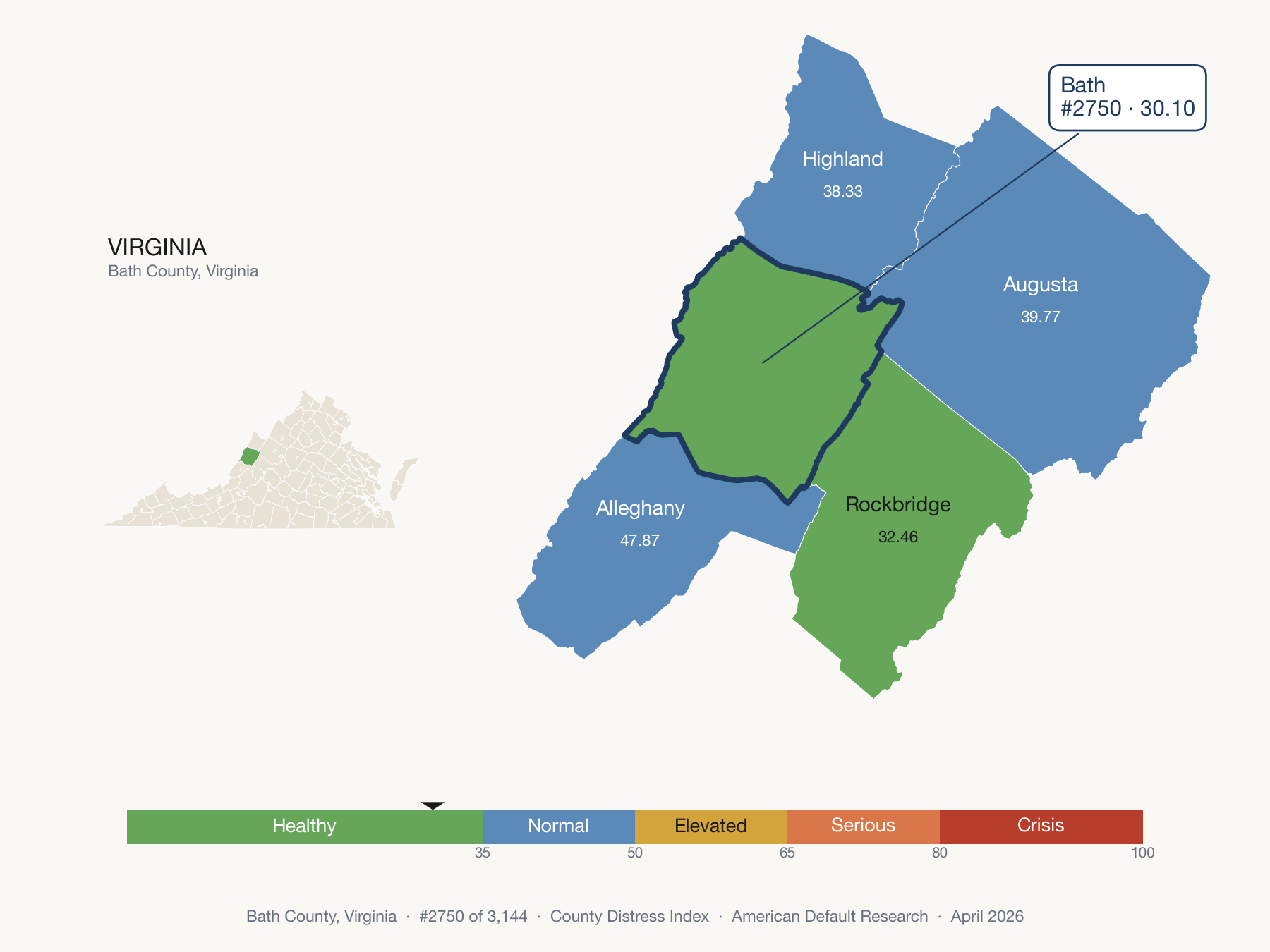 County Distress Index cluster map. Bath County, Virginia and its neighbors colored by distress fifth.
