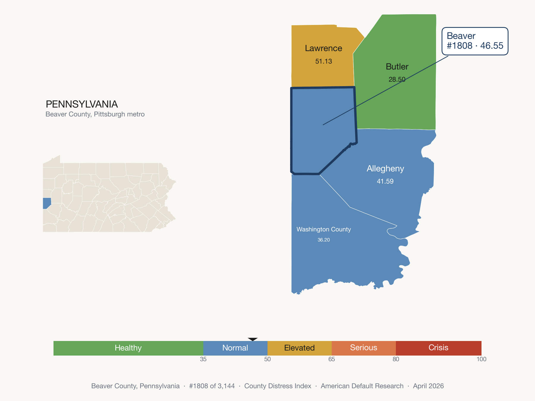 County Distress Index cluster map. Beaver County, Pennsylvania and its neighbors colored by distress fifth.