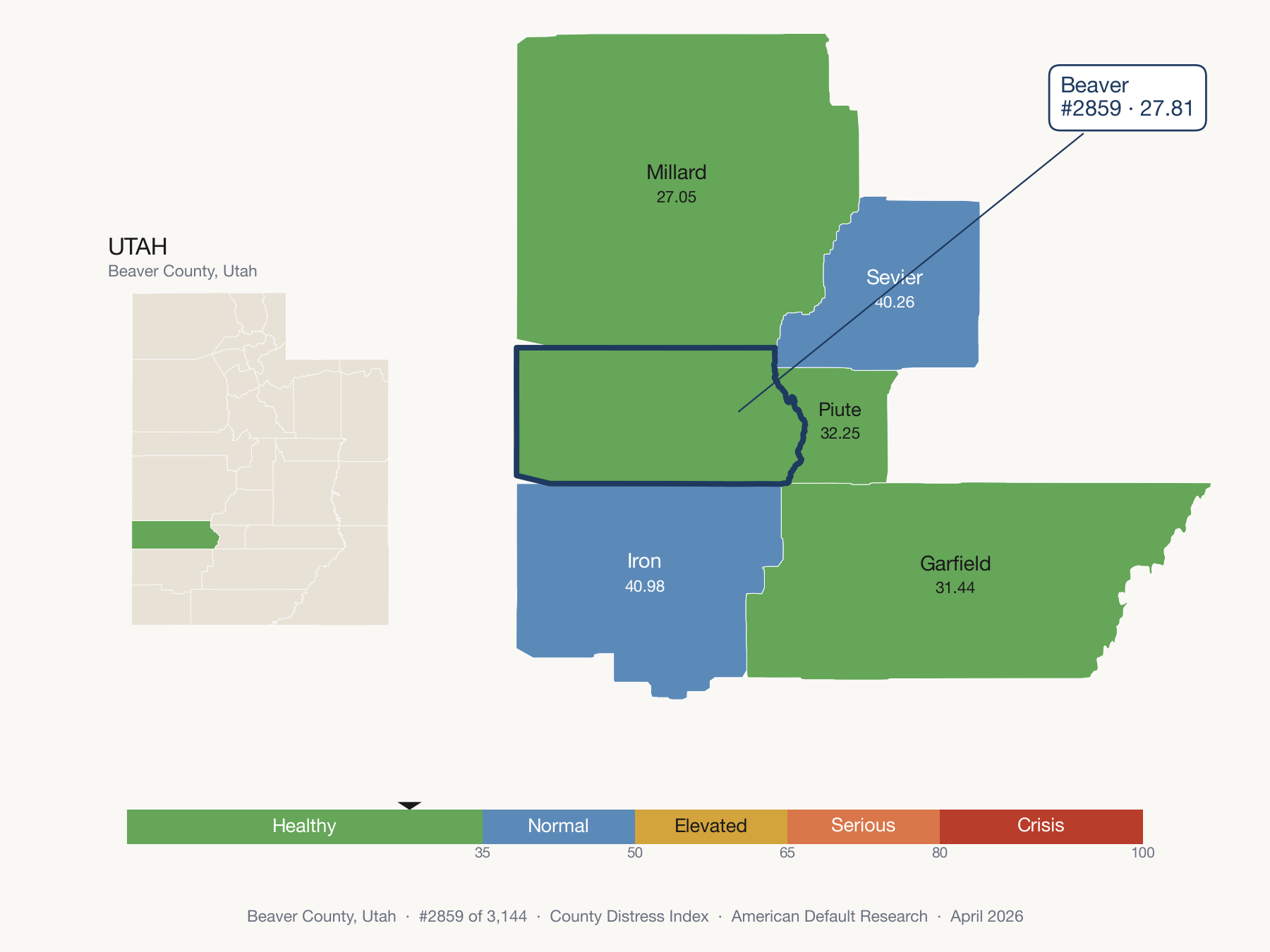 County Distress Index cluster map. Beaver County, Utah and its neighbors colored by distress fifth.