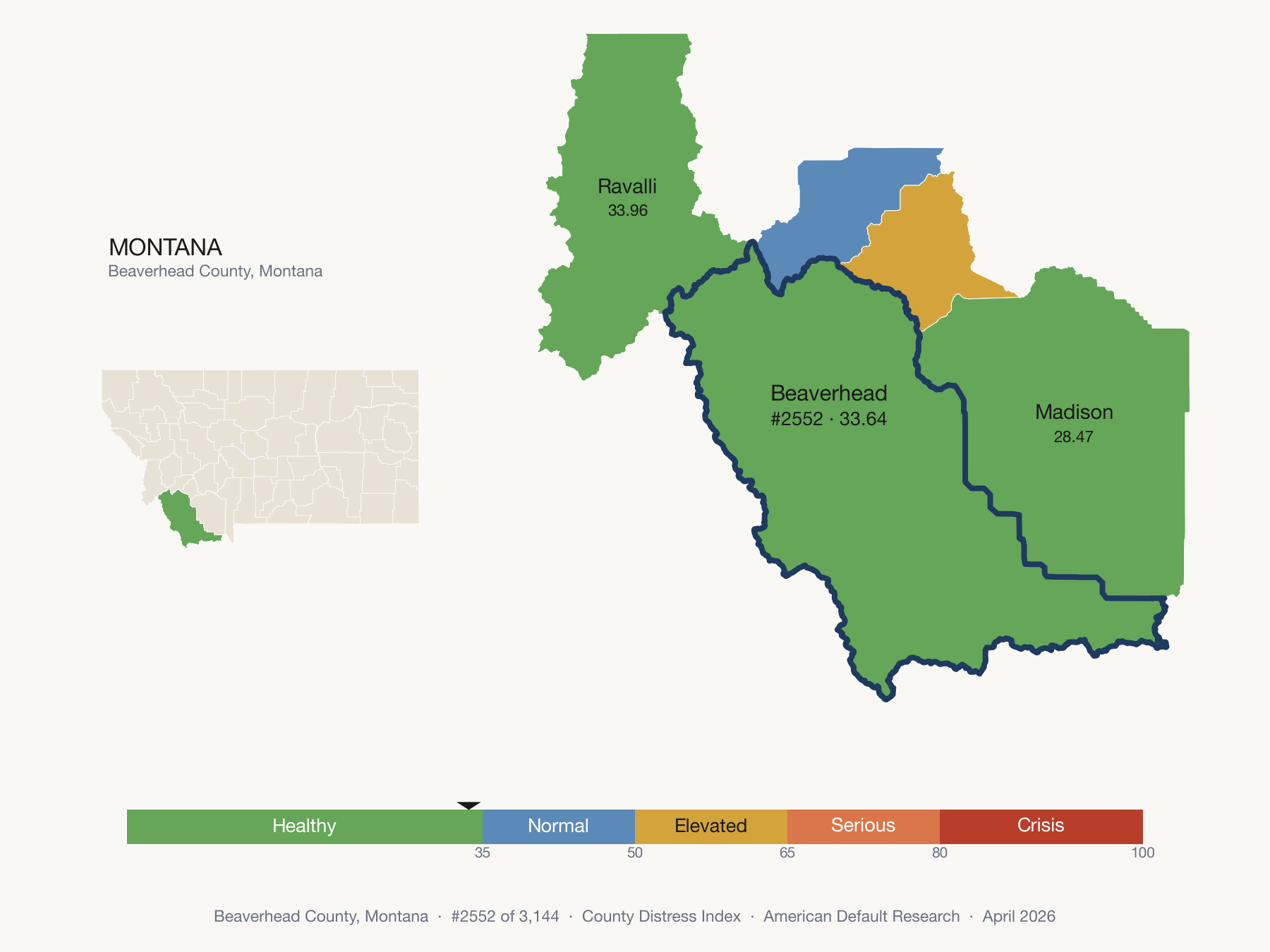 County Distress Index cluster map. Beaverhead County, Montana and its neighbors colored by distress fifth.