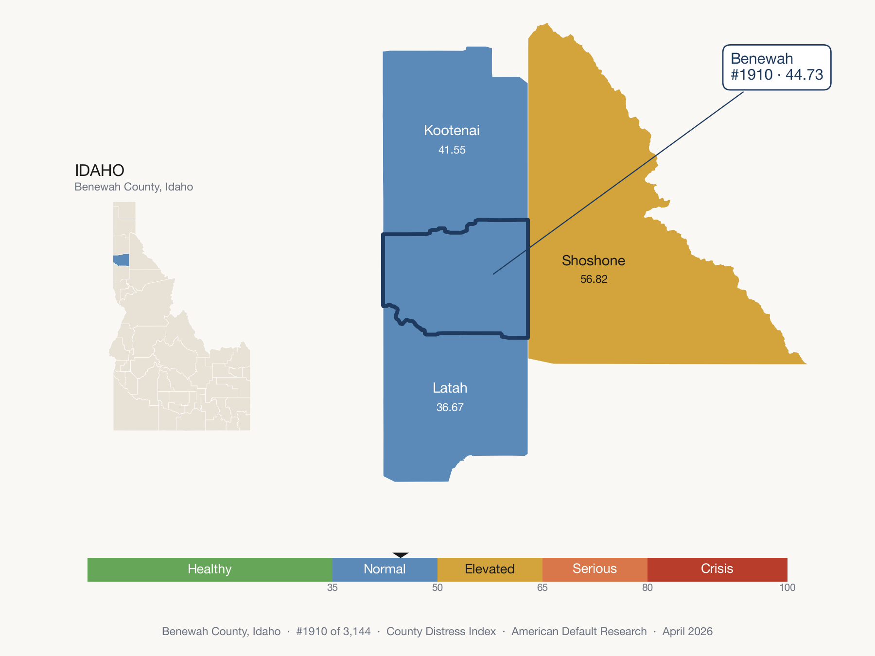 County Distress Index cluster map. Benewah County, Idaho and its neighbors colored by distress fifth.