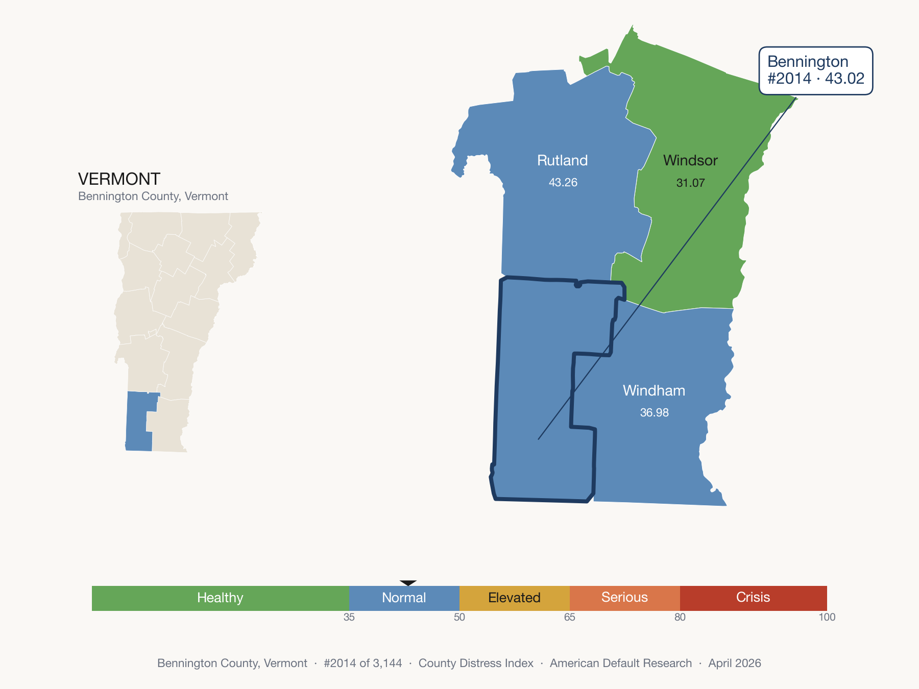 County Distress Index cluster map. Bennington County, Vermont and its neighbors colored by distress fifth.