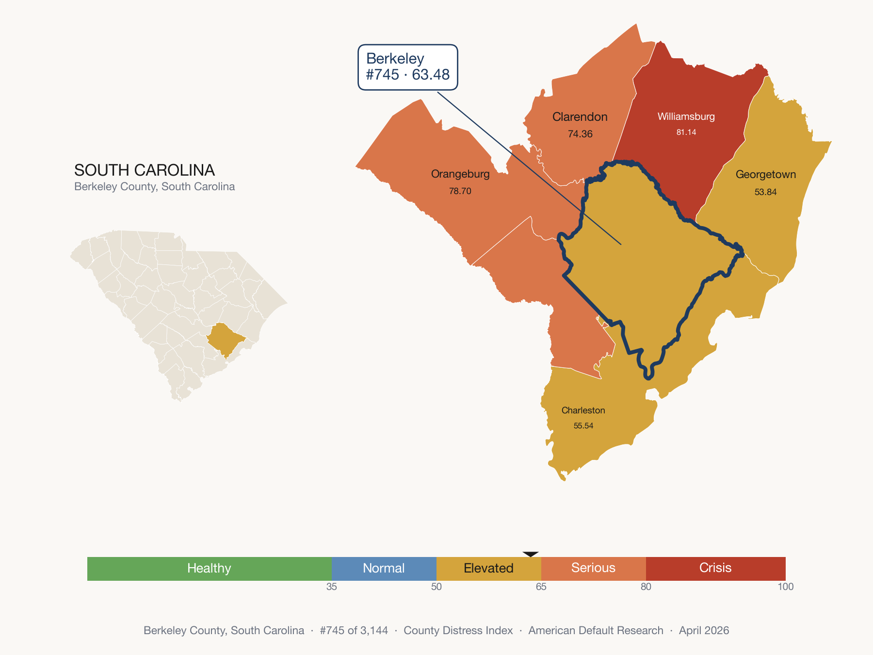 County Distress Index cluster map. Berkeley County, South Carolina and its neighbors colored by distress fifth.