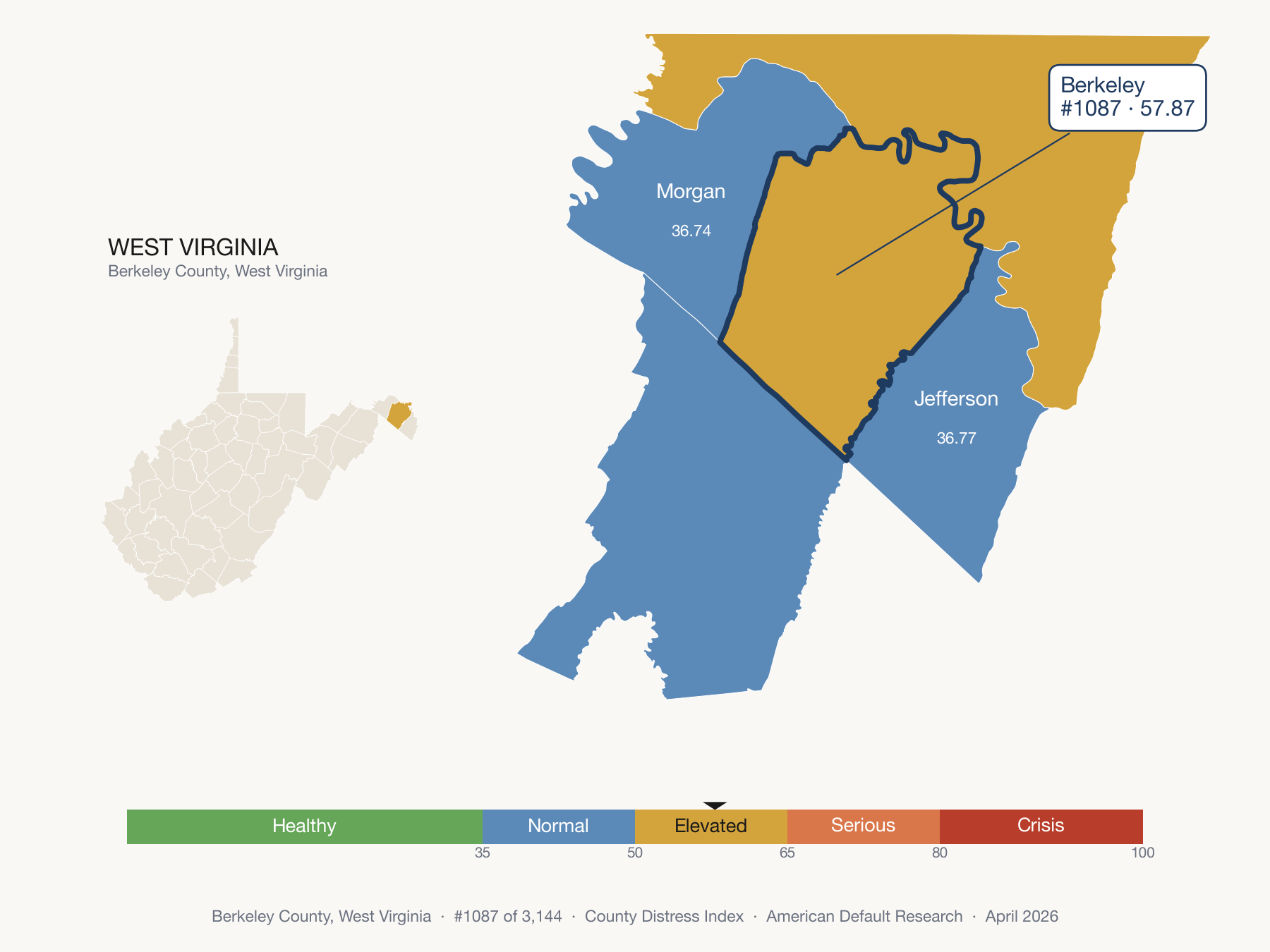 County Distress Index cluster map. Berkeley County, West Virginia and its neighbors colored by distress fifth.