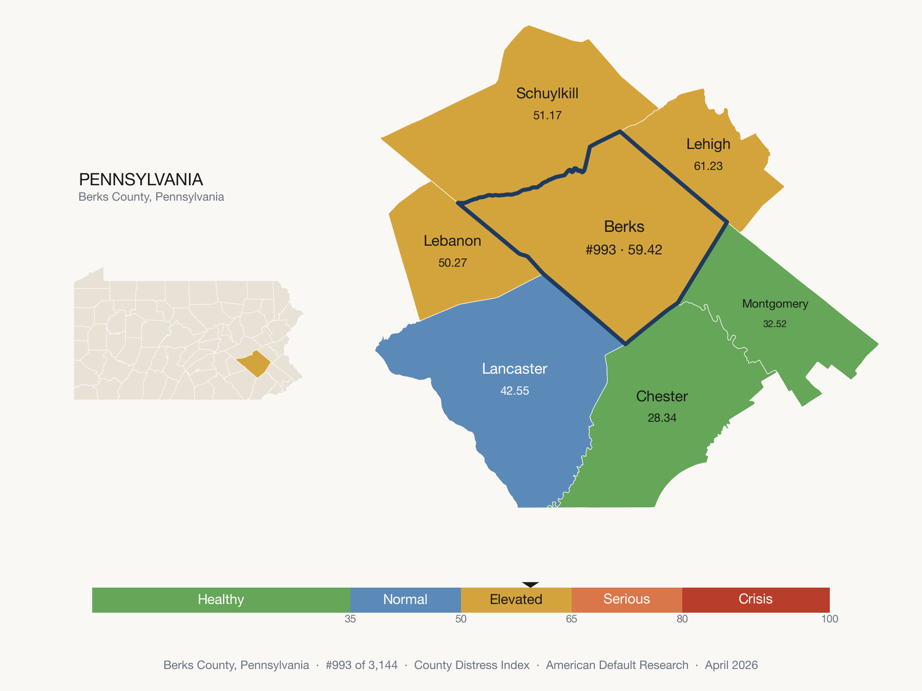County Distress Index cluster map. Berks County, Pennsylvania and its neighbors colored by distress fifth.