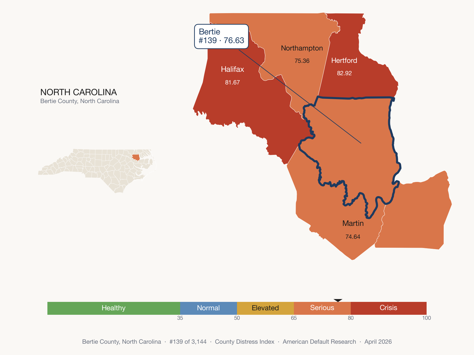 County Distress Index cluster map. Bertie County, North Carolina and its neighbors colored by distress fifth.