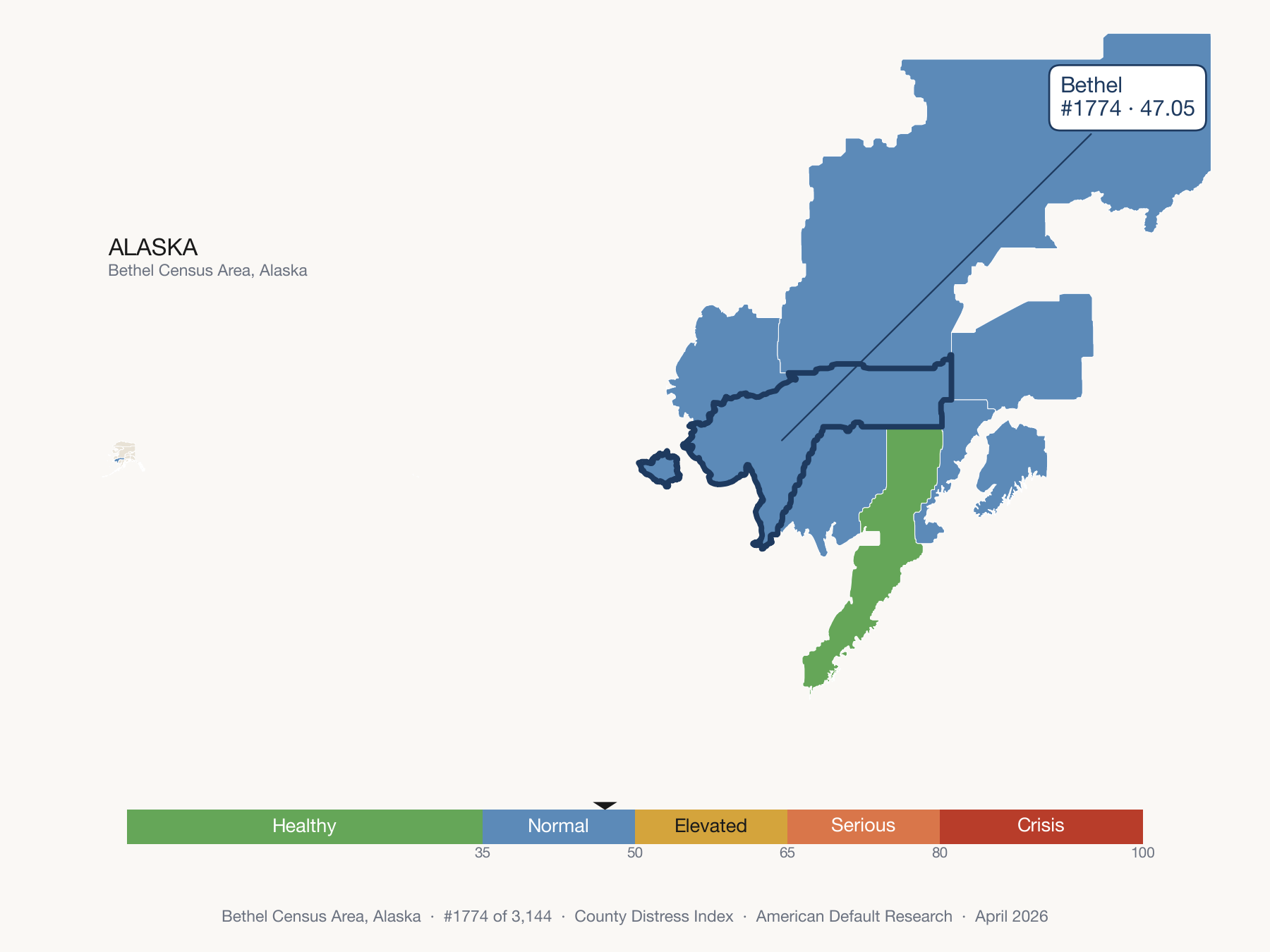 County Distress Index cluster map. Bethel Census Area, Alaska and its neighbors colored by distress fifth.