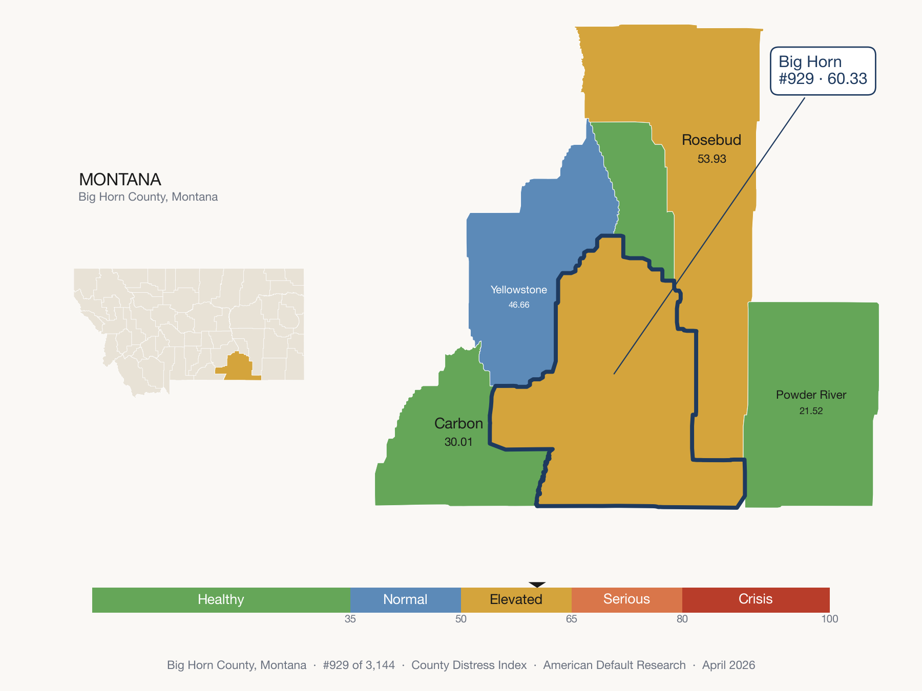 County Distress Index cluster map. Big Horn County, Montana and its neighbors colored by distress fifth.