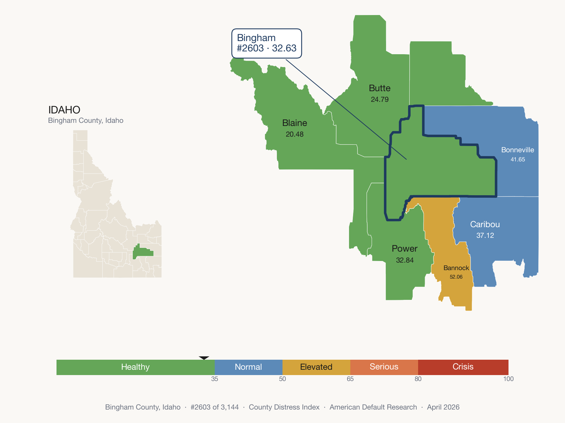 County Distress Index cluster map. Bingham County, Idaho and its neighbors colored by distress fifth.