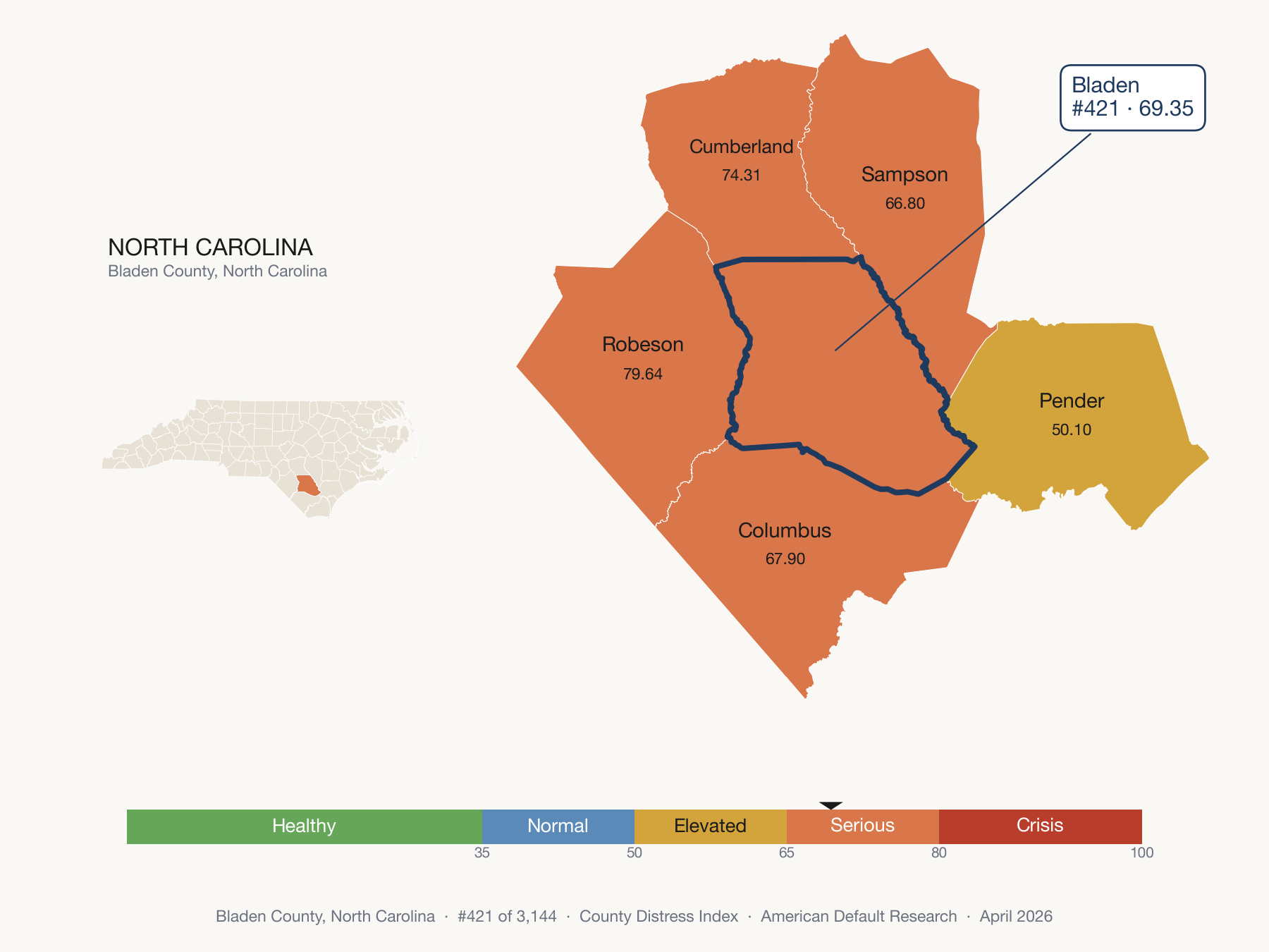 County Distress Index cluster map. Bladen County, North Carolina and its neighbors colored by distress fifth.