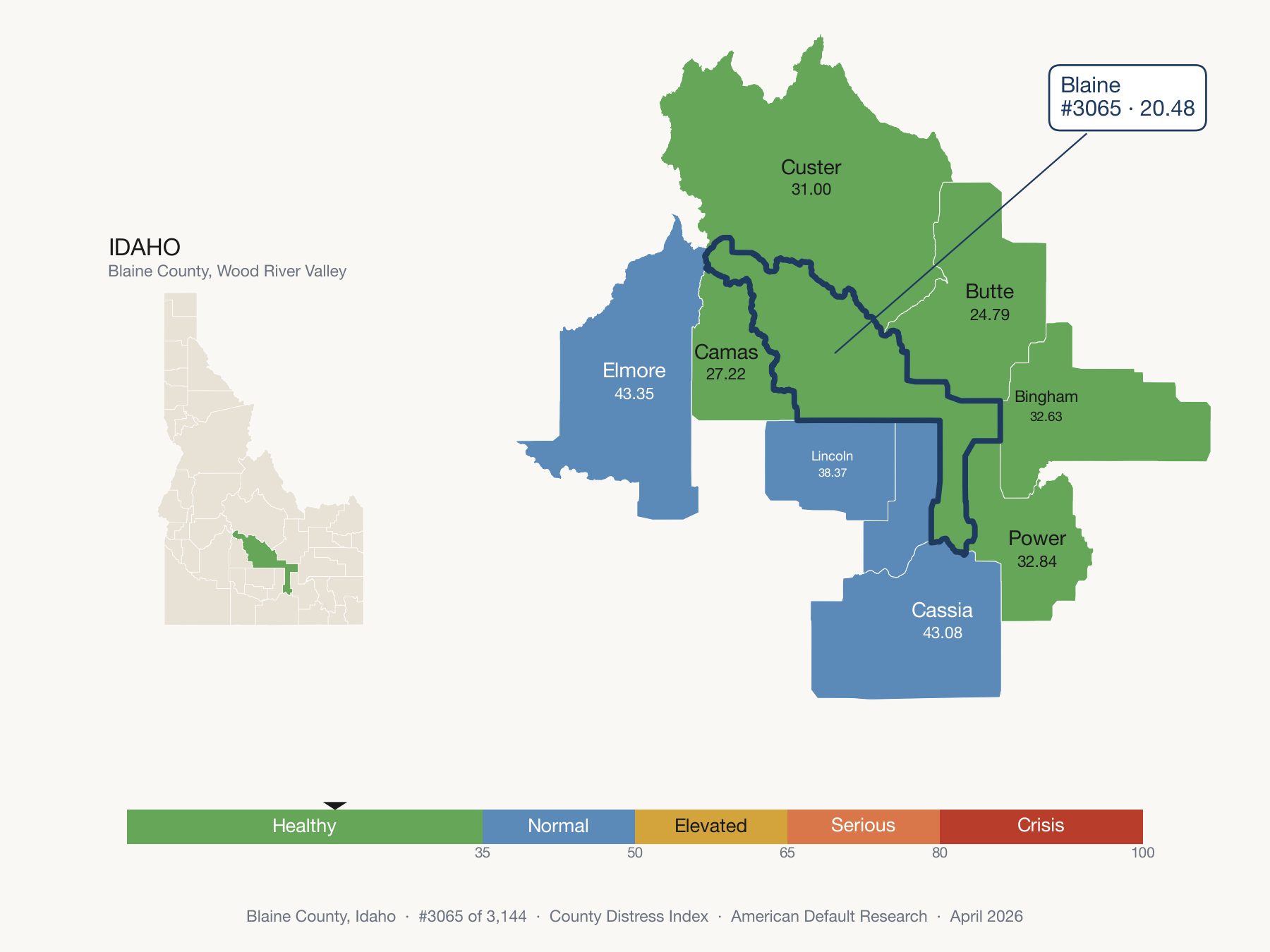 County Distress Index cluster map. Blaine County, Idaho and its neighbors colored by distress fifth.