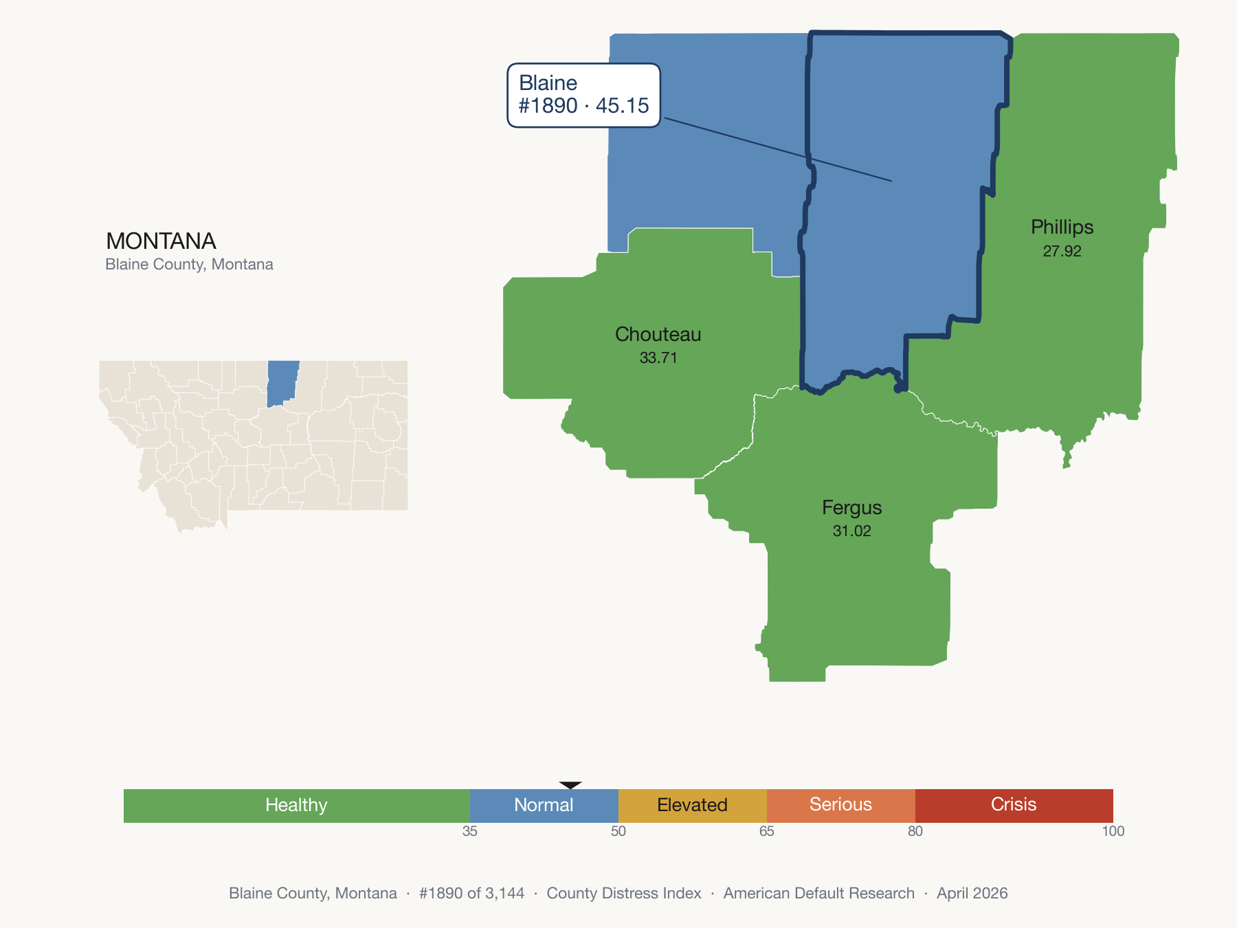 County Distress Index cluster map. Blaine County, Montana and its neighbors colored by distress fifth.