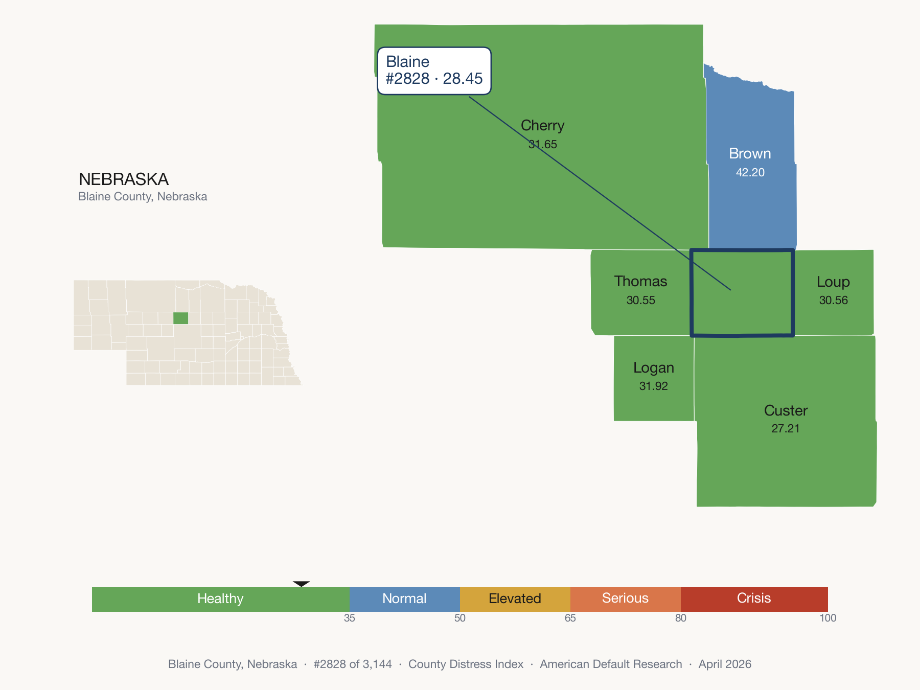 County Distress Index cluster map. Blaine County, Nebraska and its neighbors colored by distress fifth.