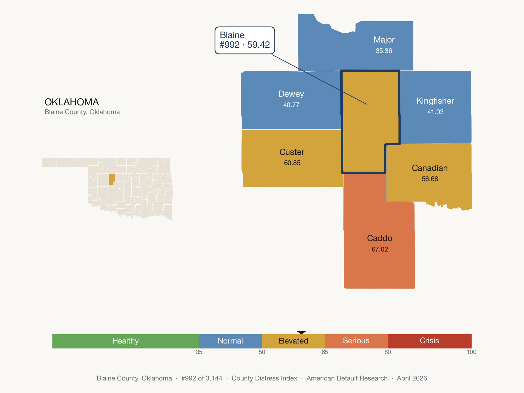 County Distress Index cluster map. Blaine County, Oklahoma and its neighbors colored by distress fifth.