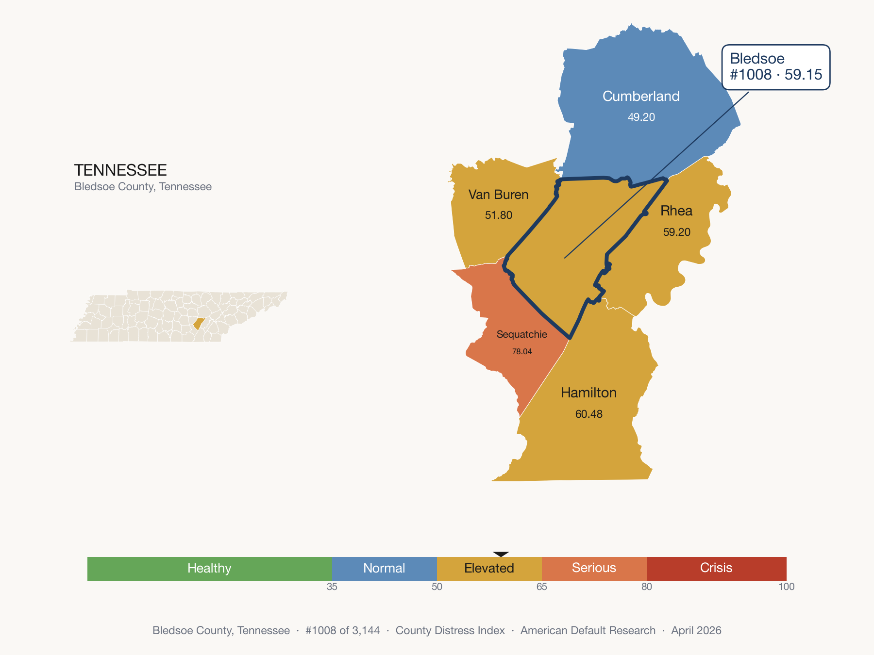 County Distress Index cluster map. Bledsoe County, Tennessee and its neighbors colored by distress fifth.