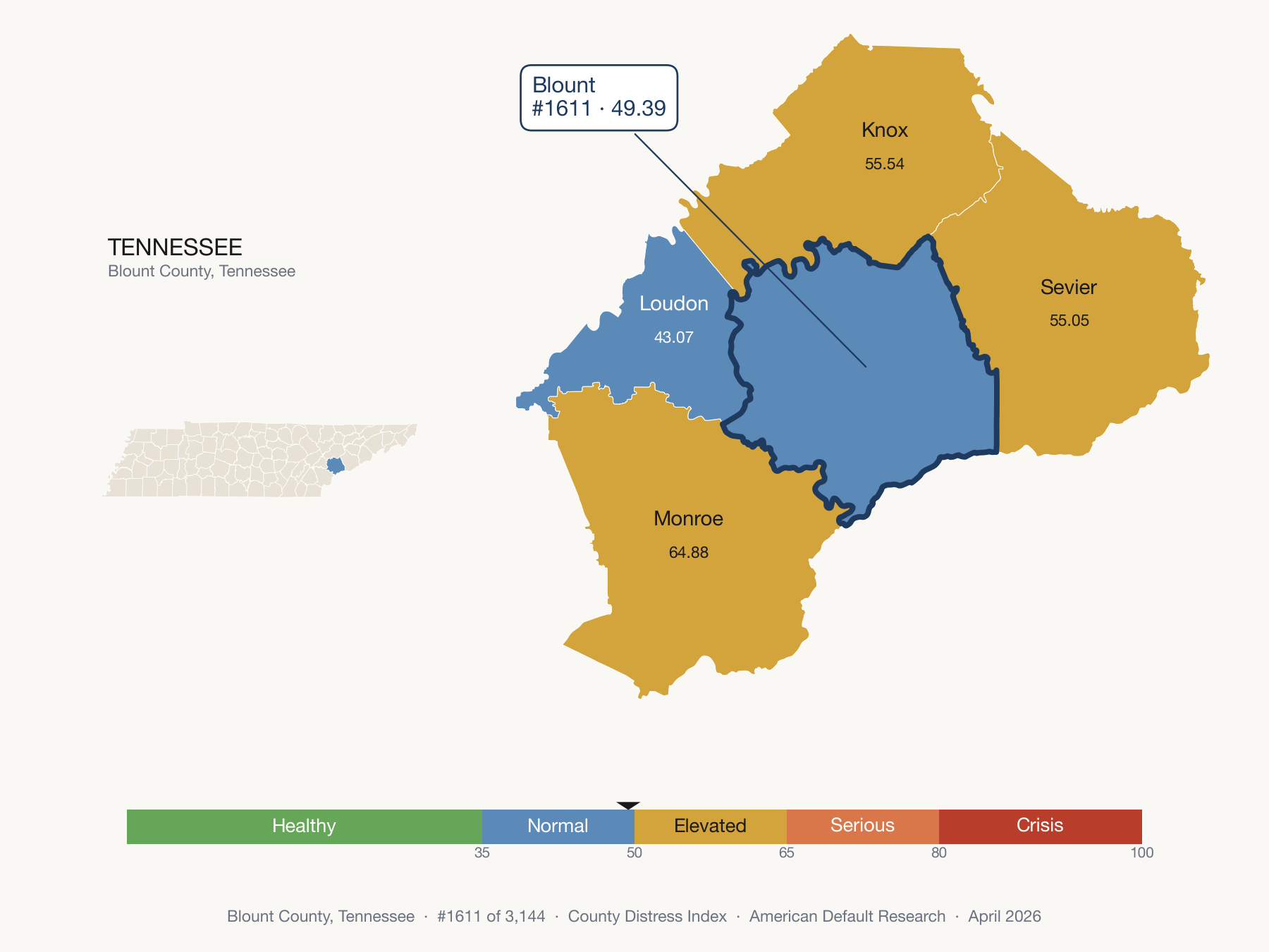 County Distress Index cluster map. Blount County, Tennessee and its neighbors colored by distress fifth.