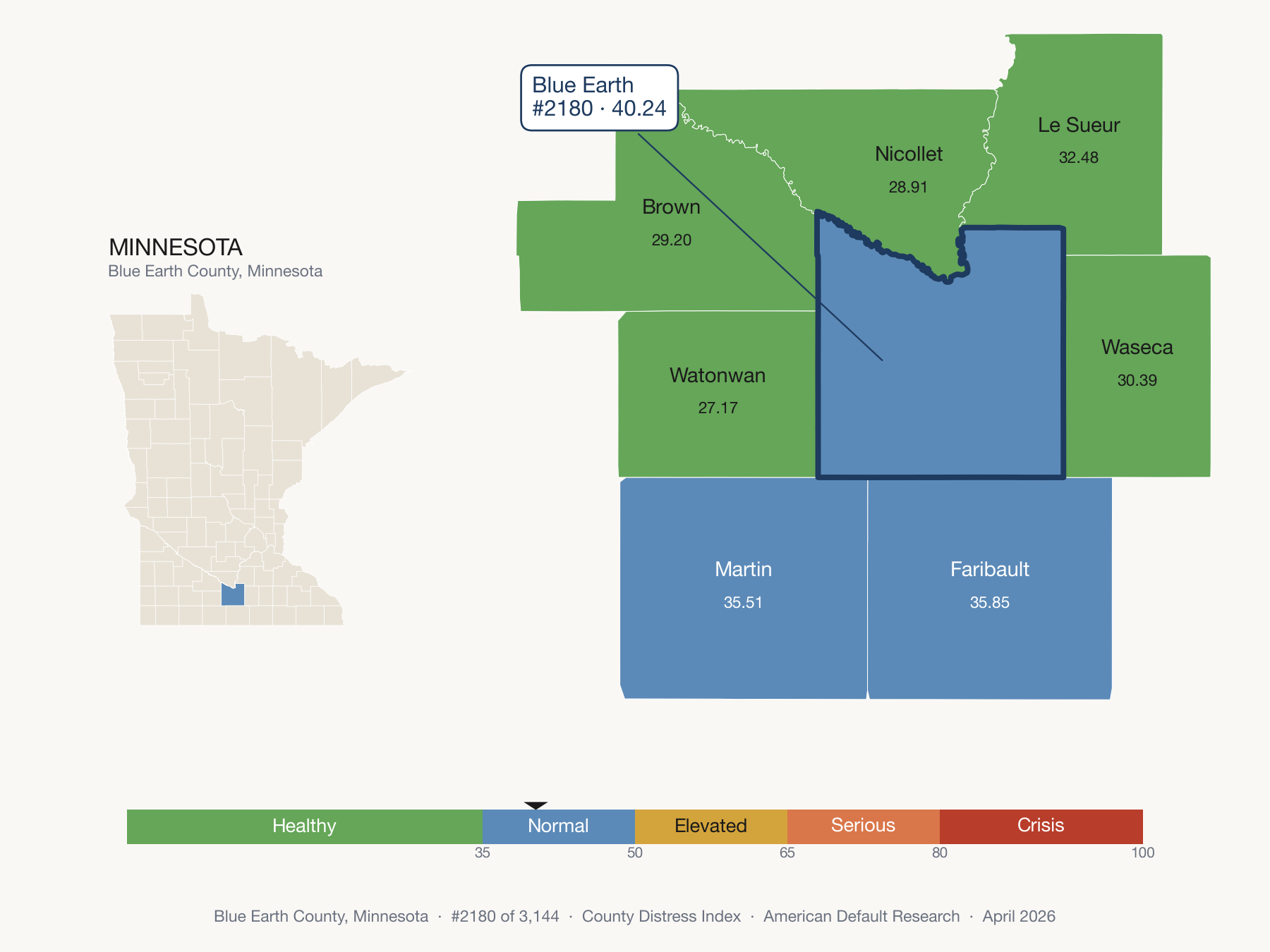 County Distress Index cluster map. Blue Earth County, Minnesota and its neighbors colored by distress fifth.