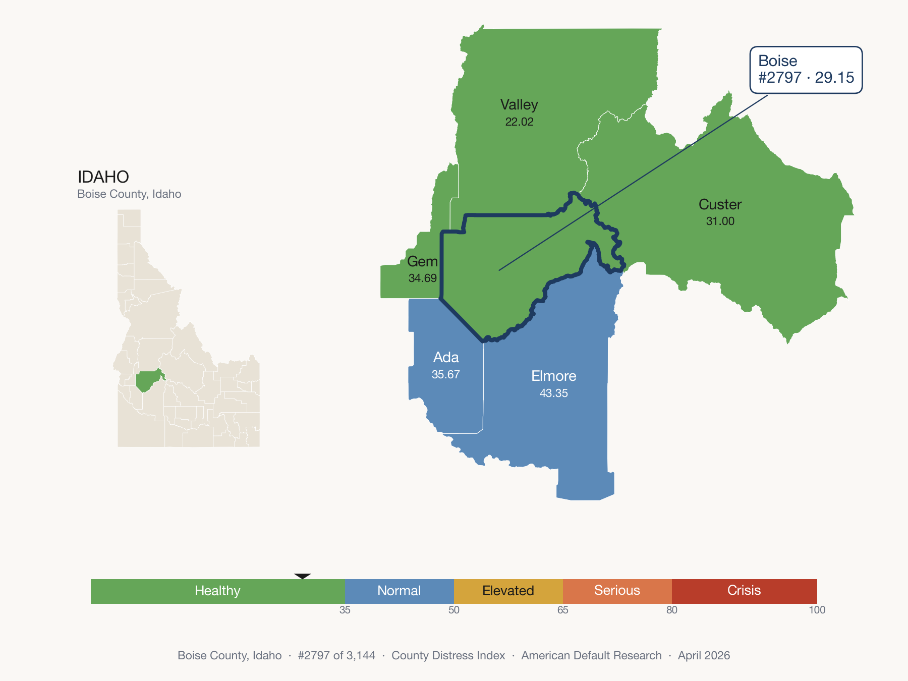 County Distress Index cluster map. Boise County, Idaho and its neighbors colored by distress fifth.