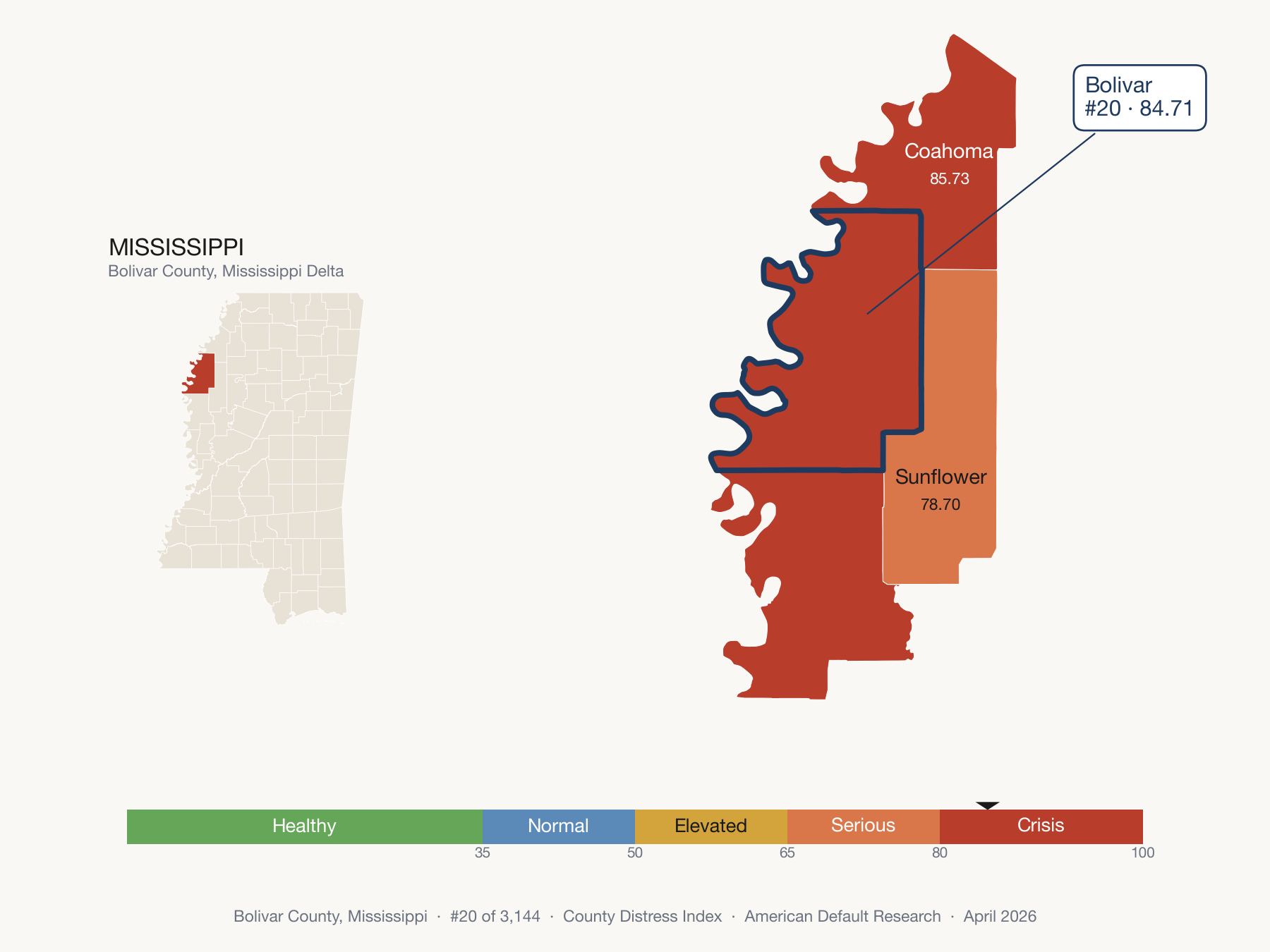 County Distress Index cluster map. Bolivar County, Mississippi and its neighbors colored by distress fifth.