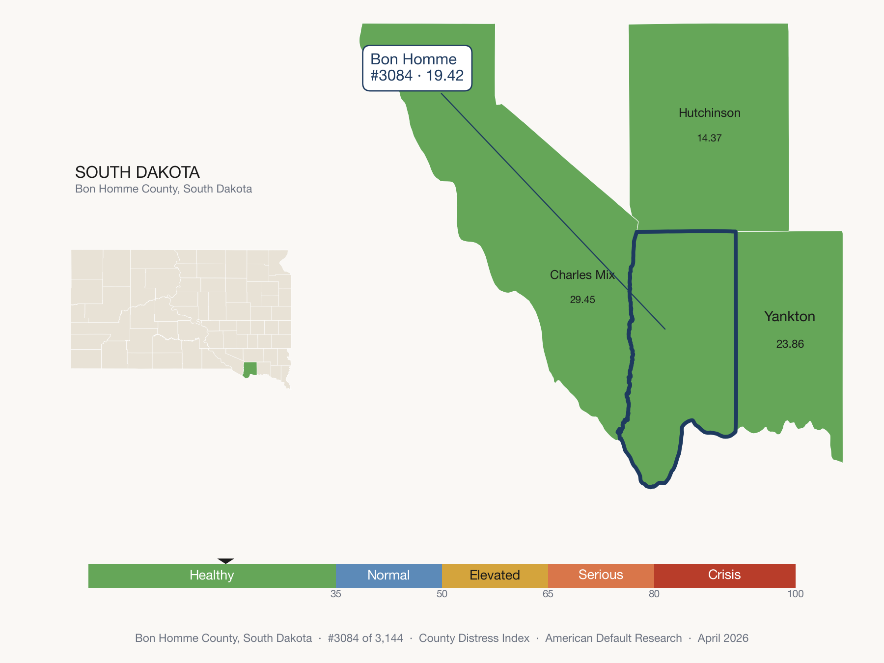 County Distress Index cluster map. Bon Homme County, South Dakota and its neighbors colored by distress fifth.