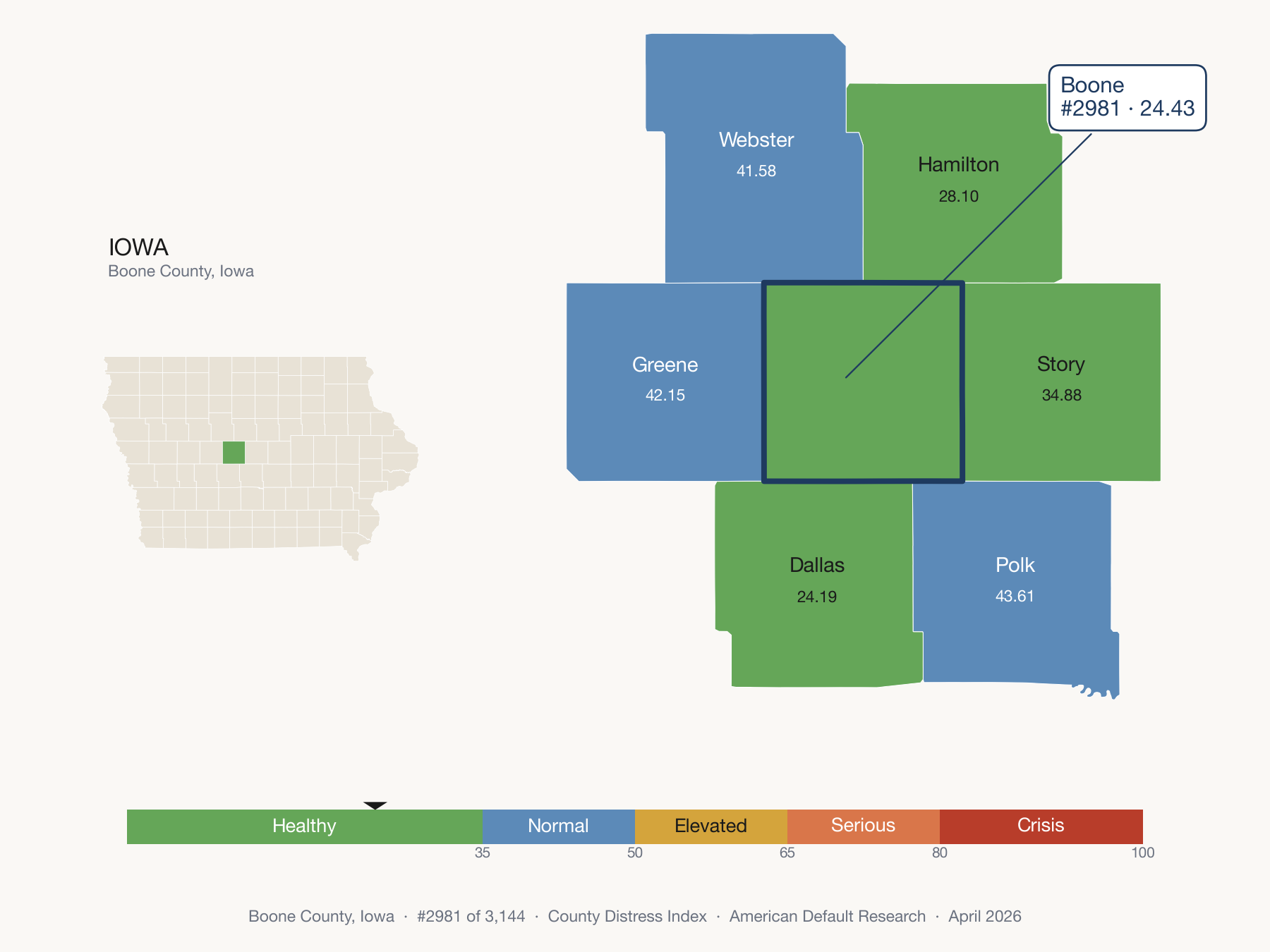 County Distress Index cluster map. Boone County, Iowa and its neighbors colored by distress fifth.