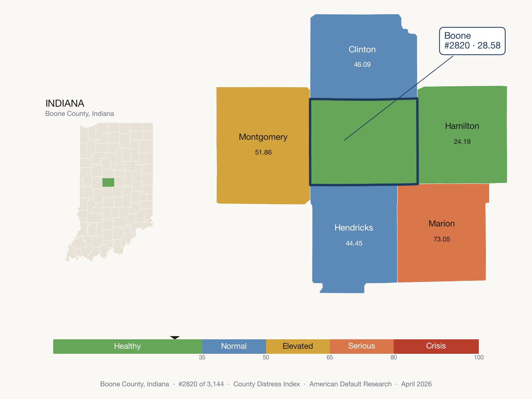 County Distress Index cluster map. Boone County, Indiana and its neighbors colored by distress fifth.