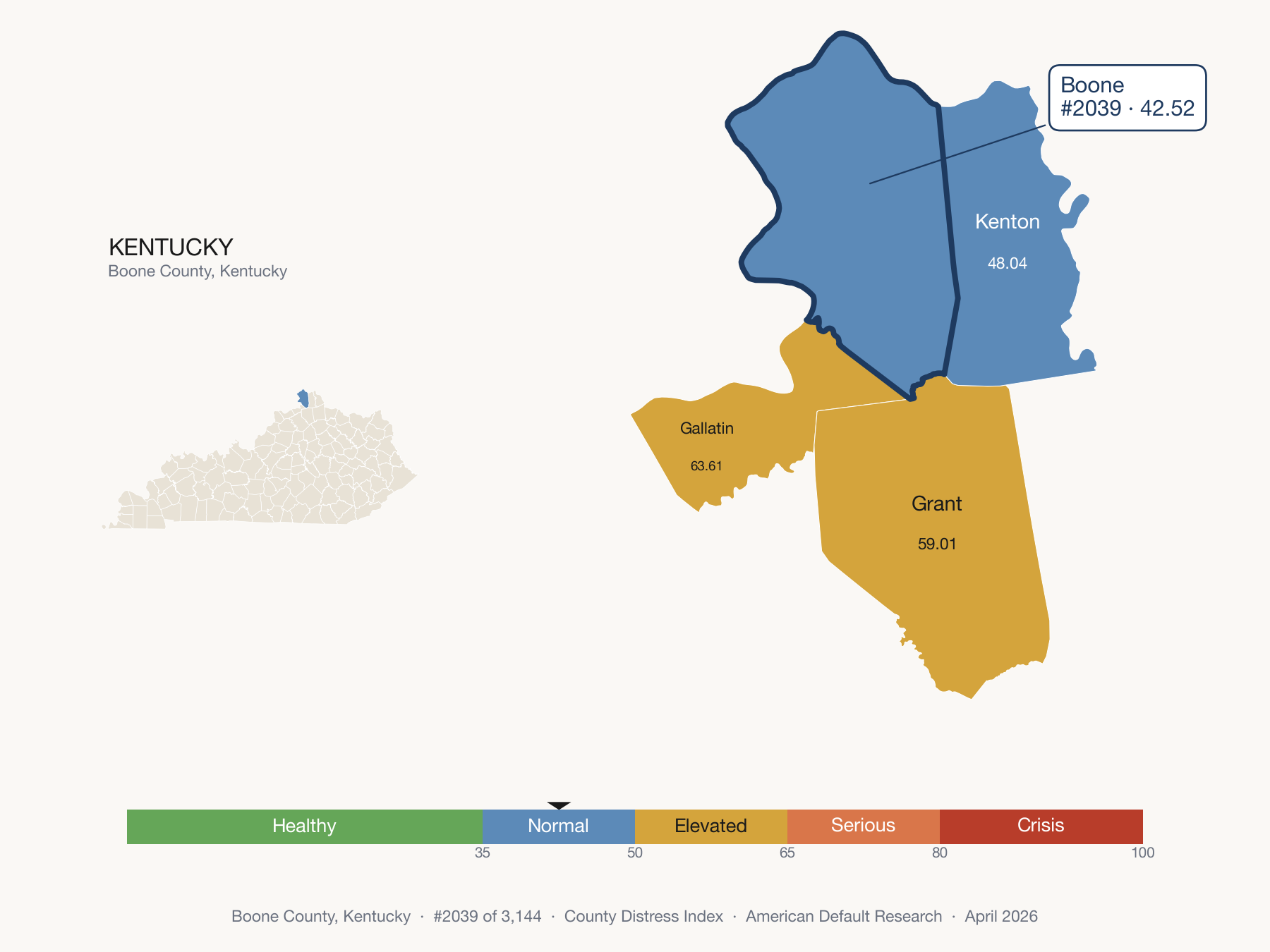 County Distress Index cluster map. Boone County, Kentucky and its neighbors colored by distress fifth.