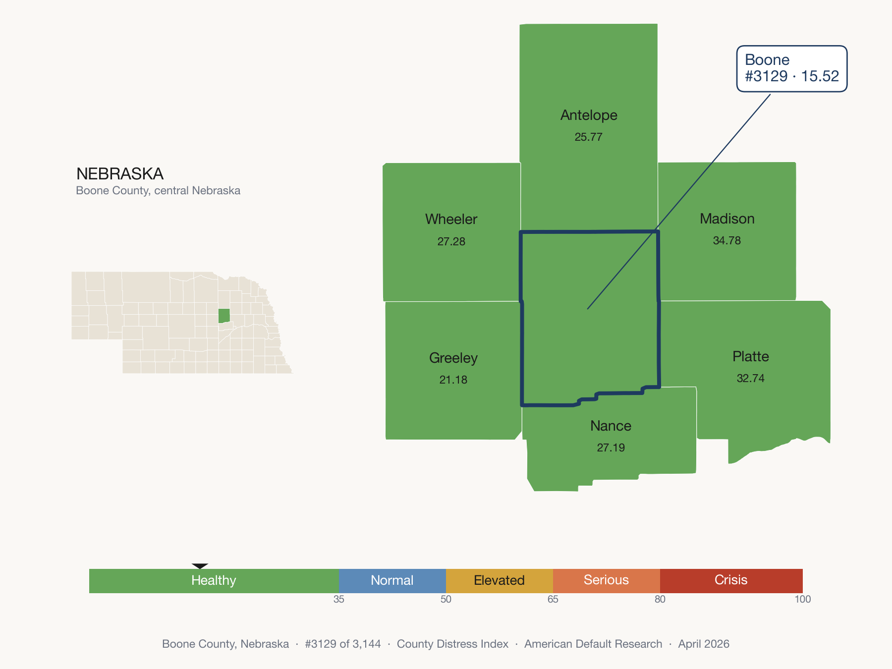 County Distress Index cluster map. Boone County, Nebraska and its neighbors colored by distress fifth.