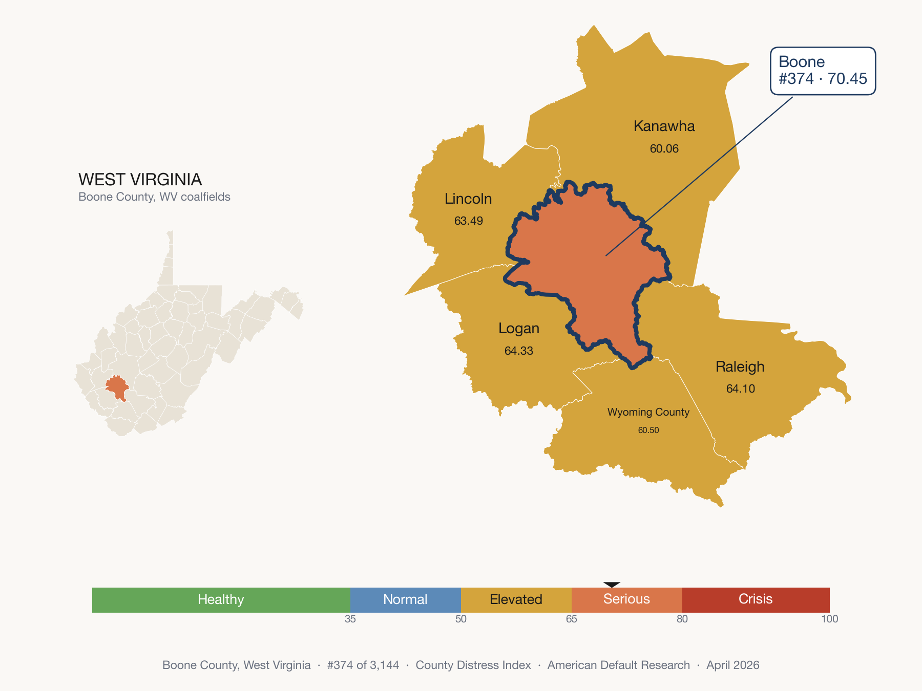 County Distress Index cluster map. Boone County, West Virginia and its neighbors colored by distress fifth.
