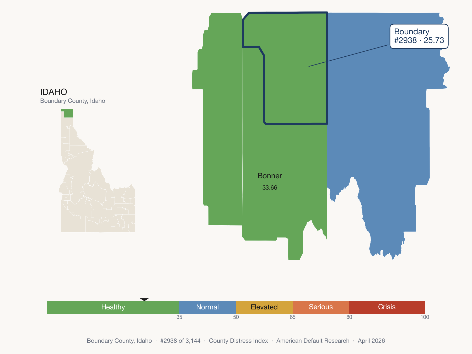 County Distress Index cluster map. Boundary County, Idaho and its neighbors colored by distress fifth.