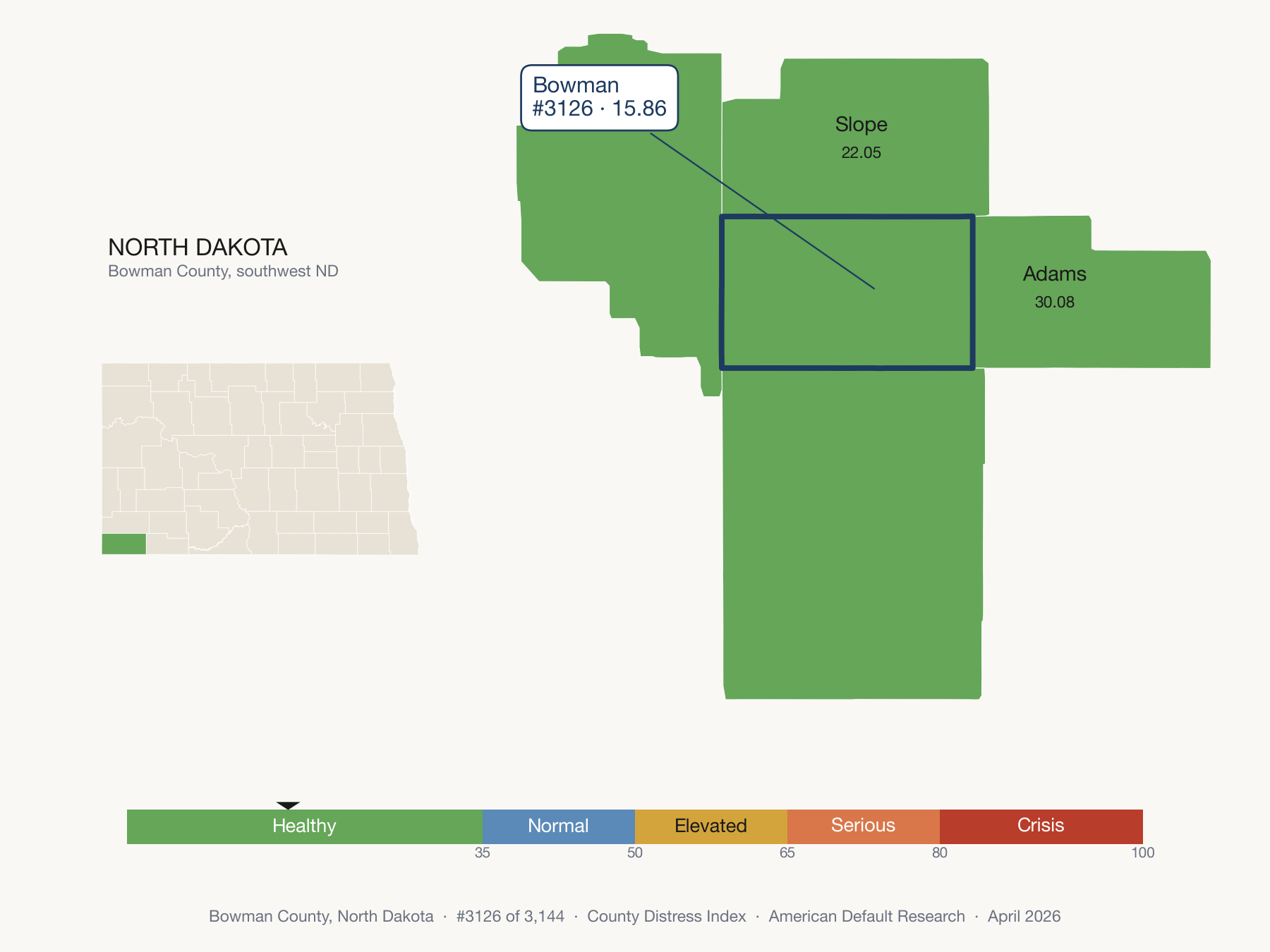 County Distress Index cluster map. Bowman County, North Dakota and its neighbors colored by distress fifth.