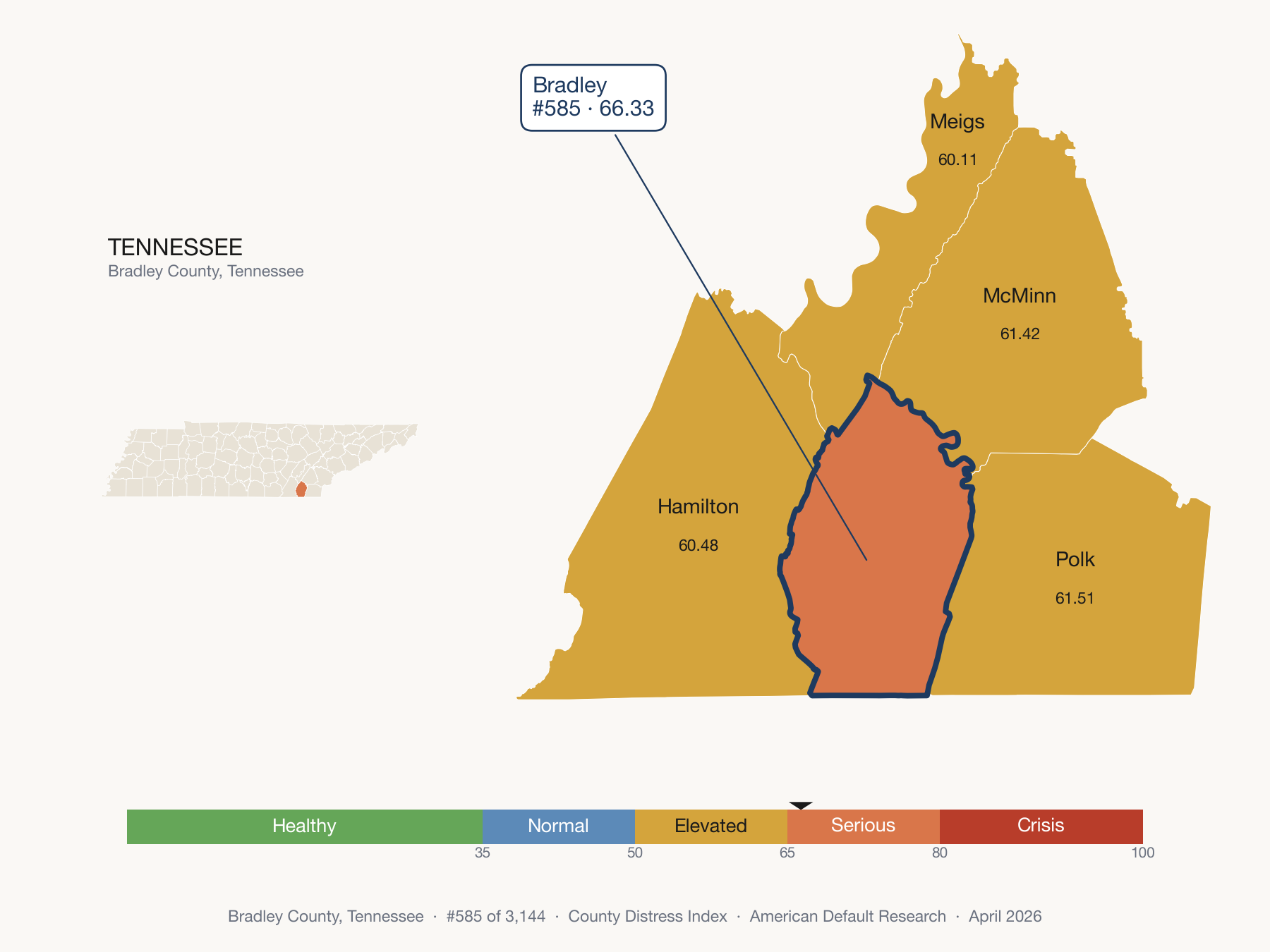 County Distress Index cluster map. Bradley County, Tennessee and its neighbors colored by distress fifth.