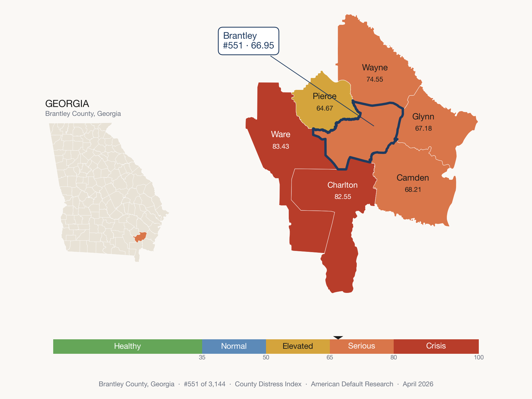 County Distress Index cluster map. Brantley County, Georgia and its neighbors colored by distress fifth.