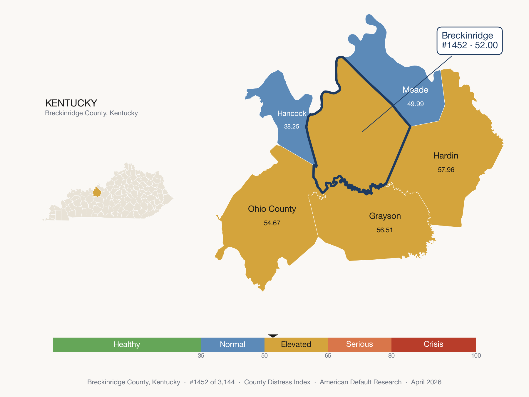 County Distress Index cluster map. Breckinridge County, Kentucky and its neighbors colored by distress fifth.