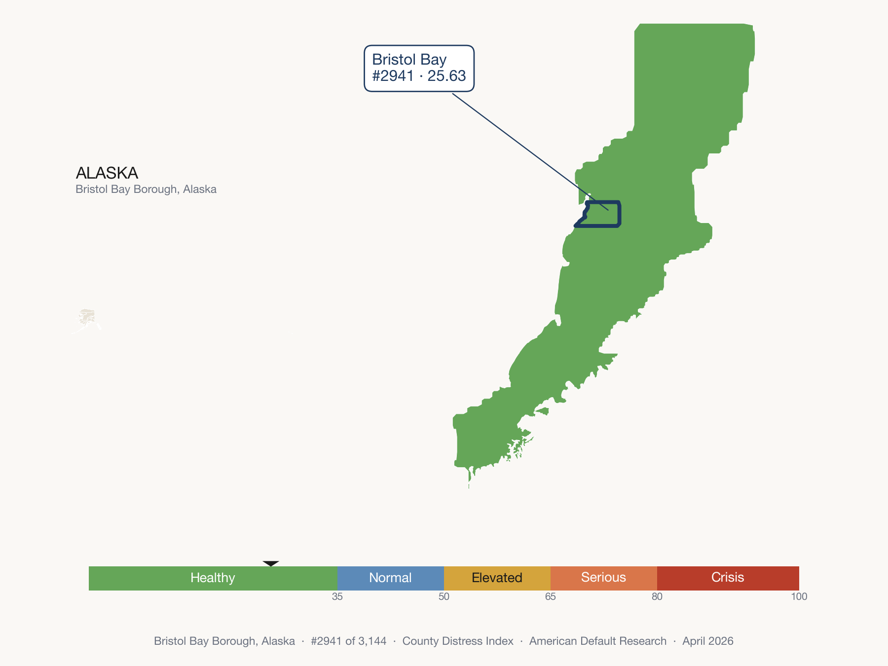 County Distress Index cluster map. Bristol Bay Borough, Alaska and its neighbors colored by distress fifth.