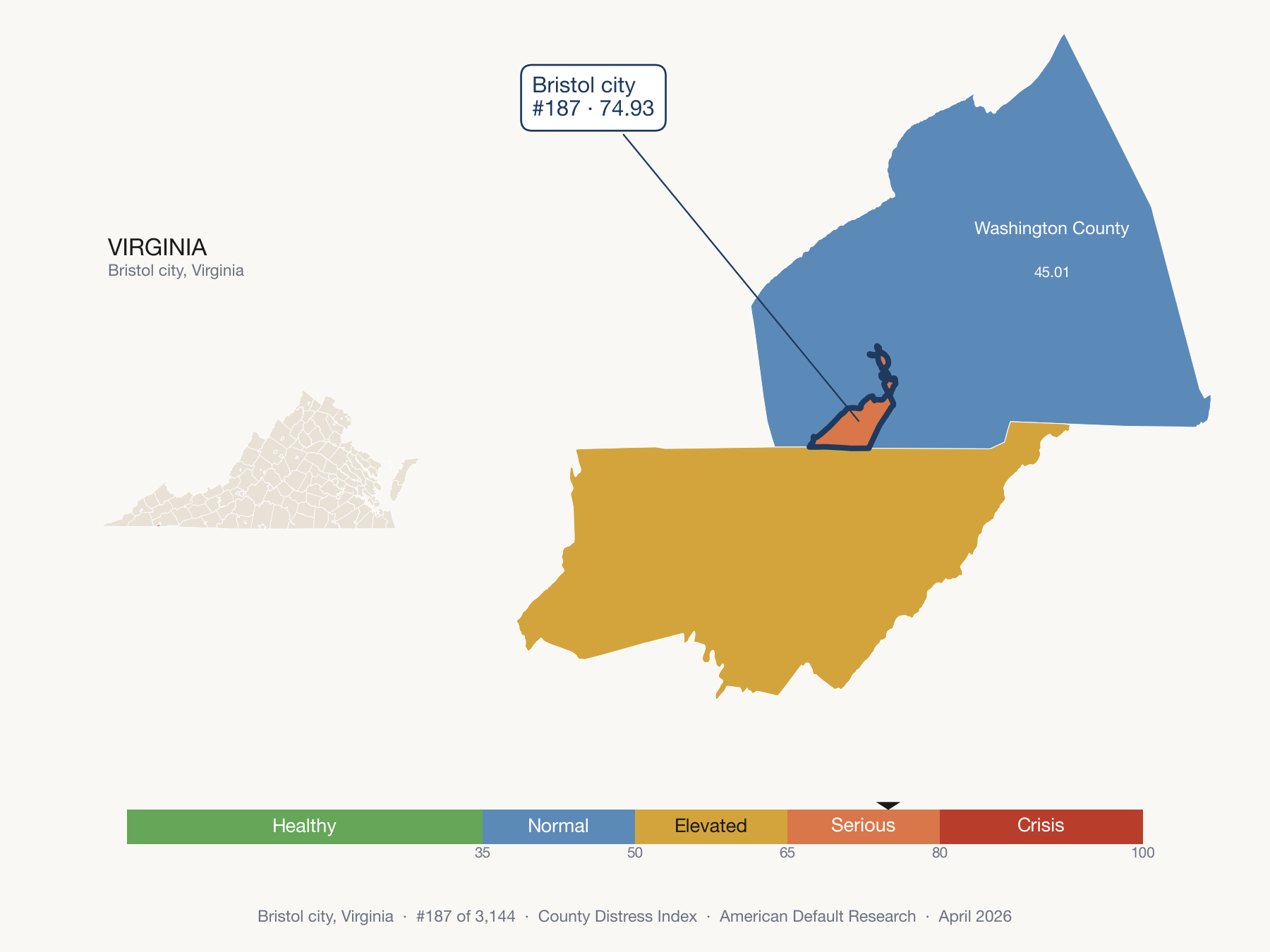 County Distress Index cluster map. Bristol city, Virginia and its neighbors colored by distress fifth.