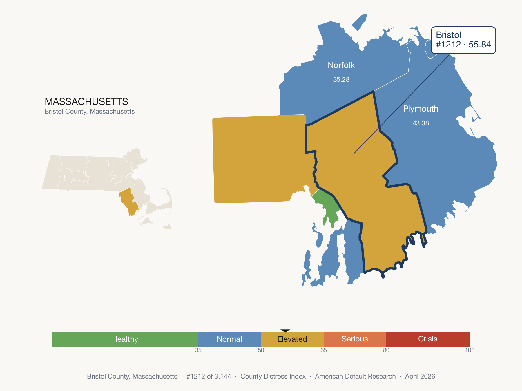 County Distress Index cluster map. Bristol County, Massachusetts and its neighbors colored by distress fifth.
