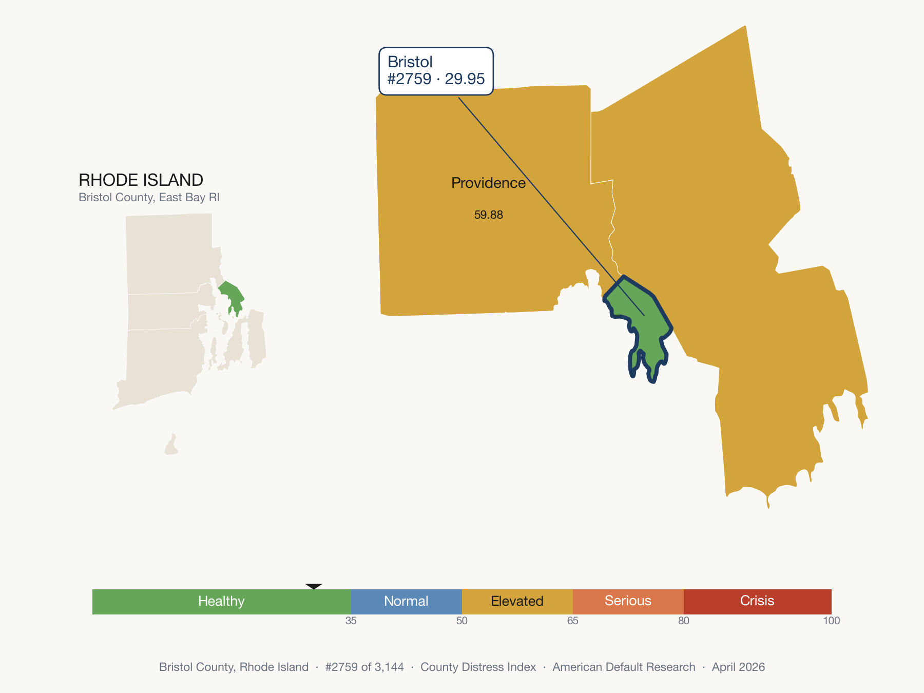 County Distress Index cluster map. Bristol County, Rhode Island and its neighbors colored by distress fifth.