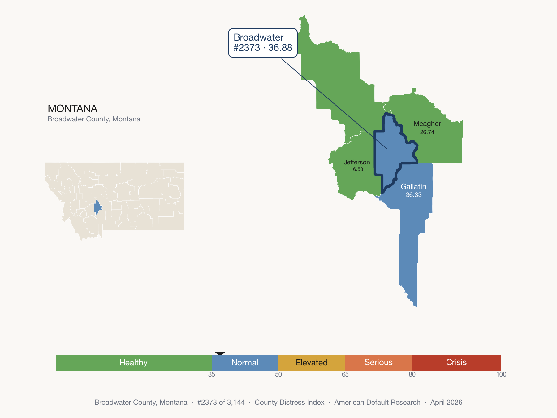 County Distress Index cluster map. Broadwater County, Montana and its neighbors colored by distress fifth.