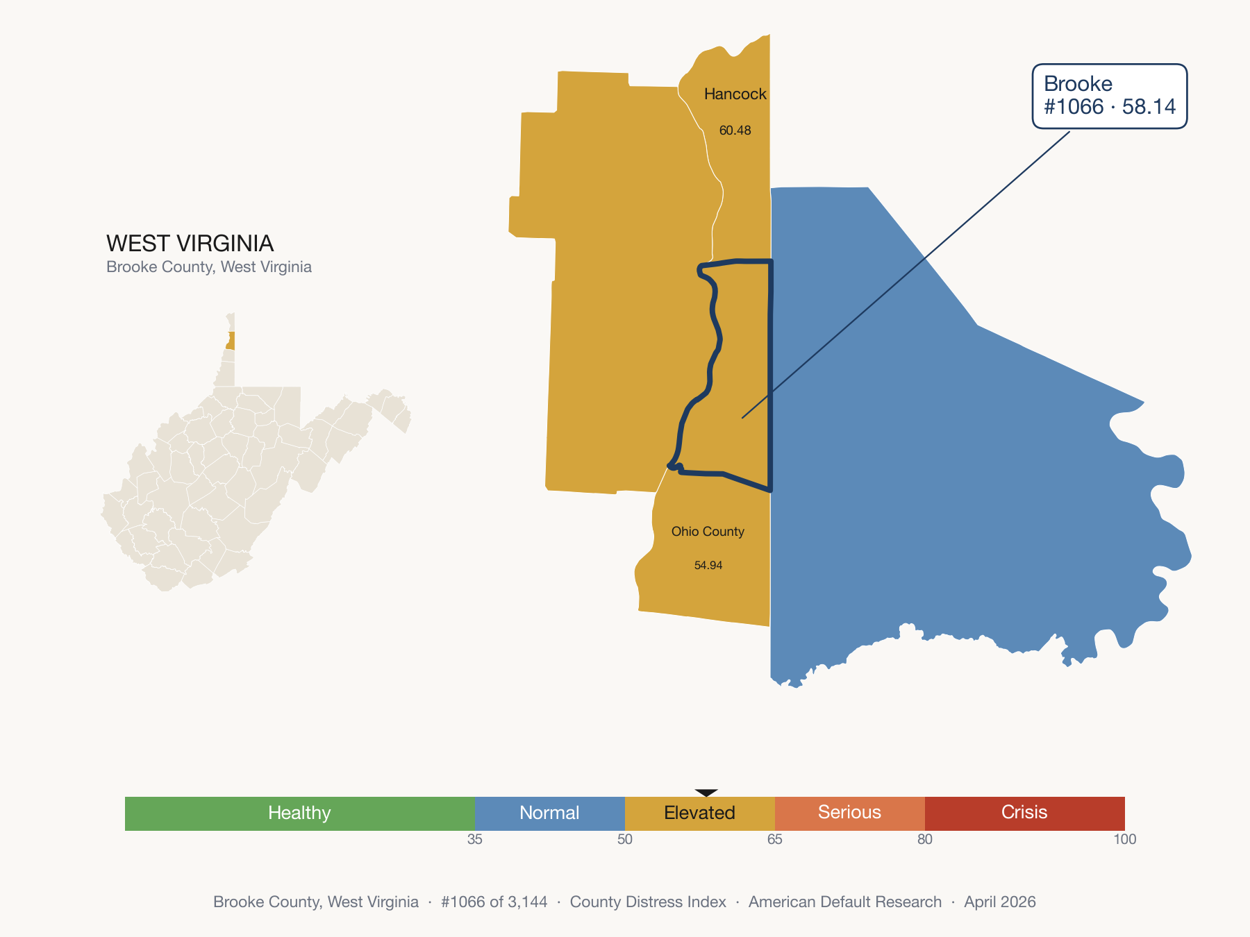 County Distress Index cluster map. Brooke County, West Virginia and its neighbors colored by distress fifth.