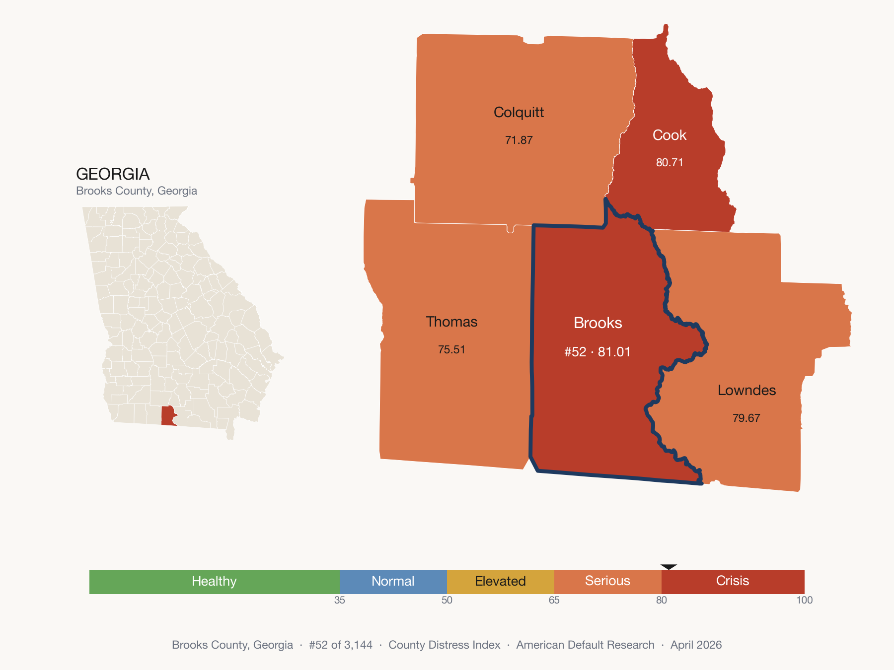 County Distress Index cluster map. Brooks County, Georgia and its neighbors colored by distress fifth.