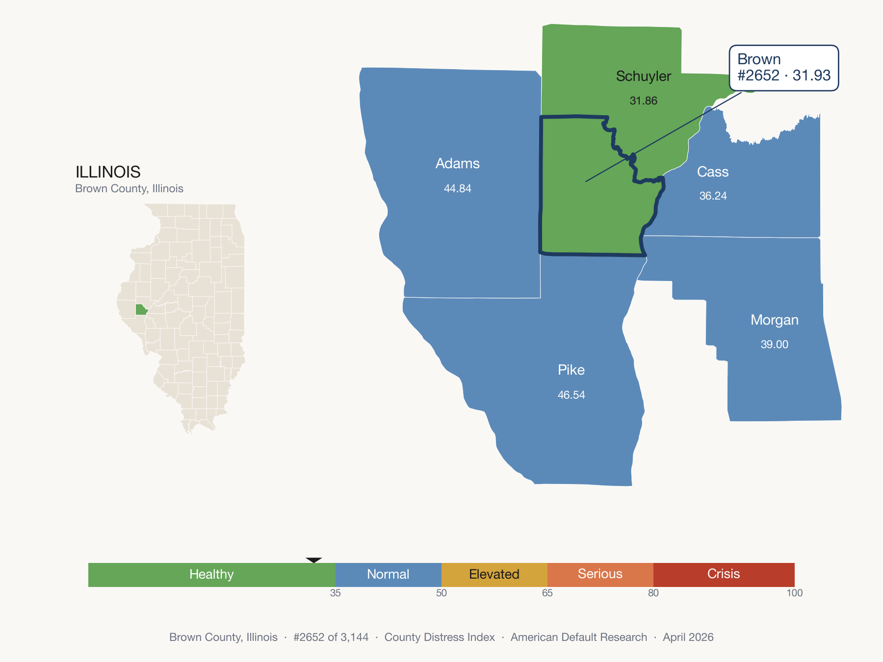 County Distress Index cluster map. Brown County, Illinois and its neighbors colored by distress fifth.