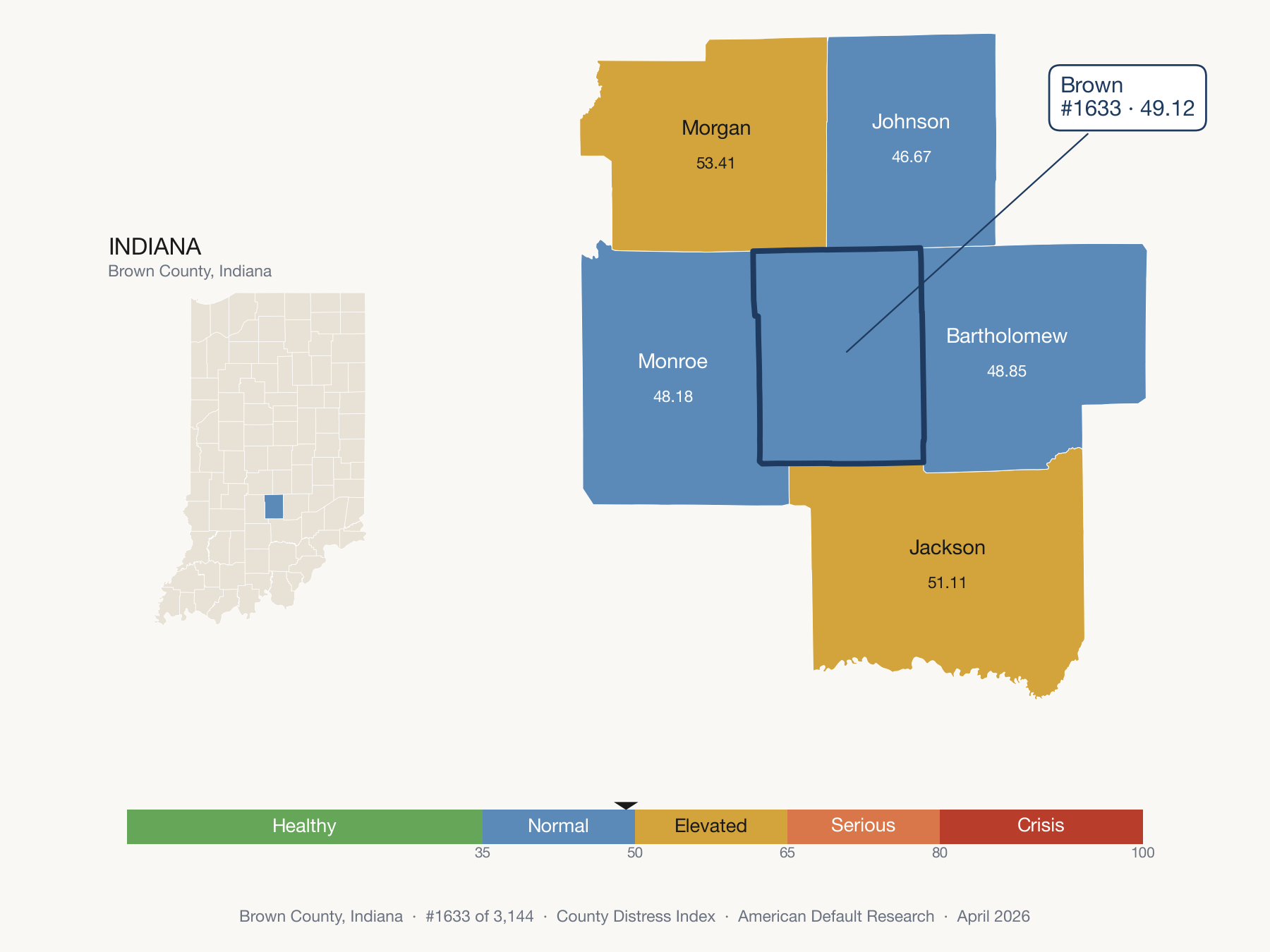 County Distress Index cluster map. Brown County, Indiana and its neighbors colored by distress fifth.