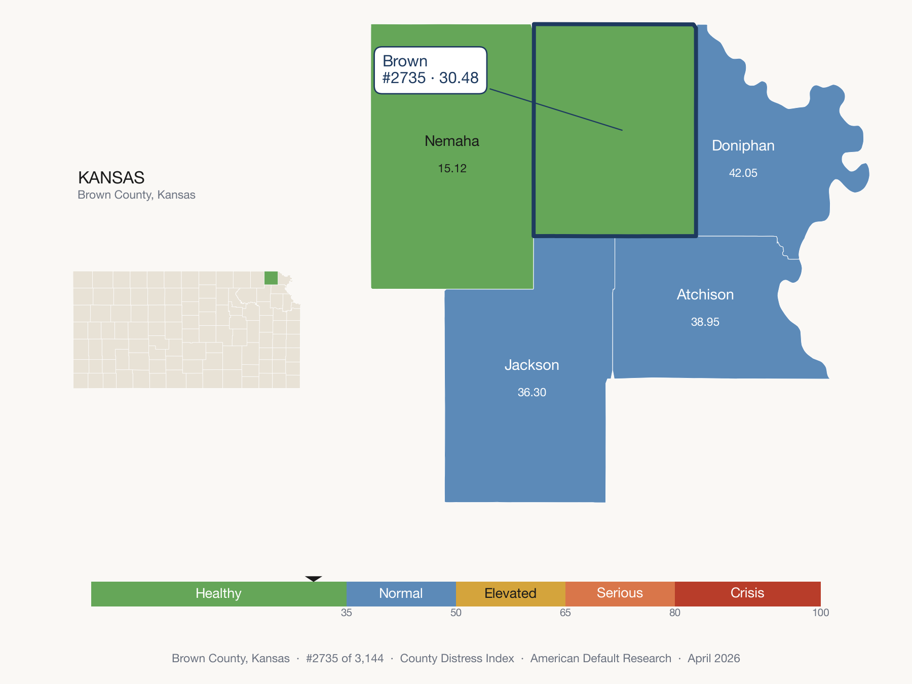 County Distress Index cluster map. Brown County, Kansas and its neighbors colored by distress fifth.
