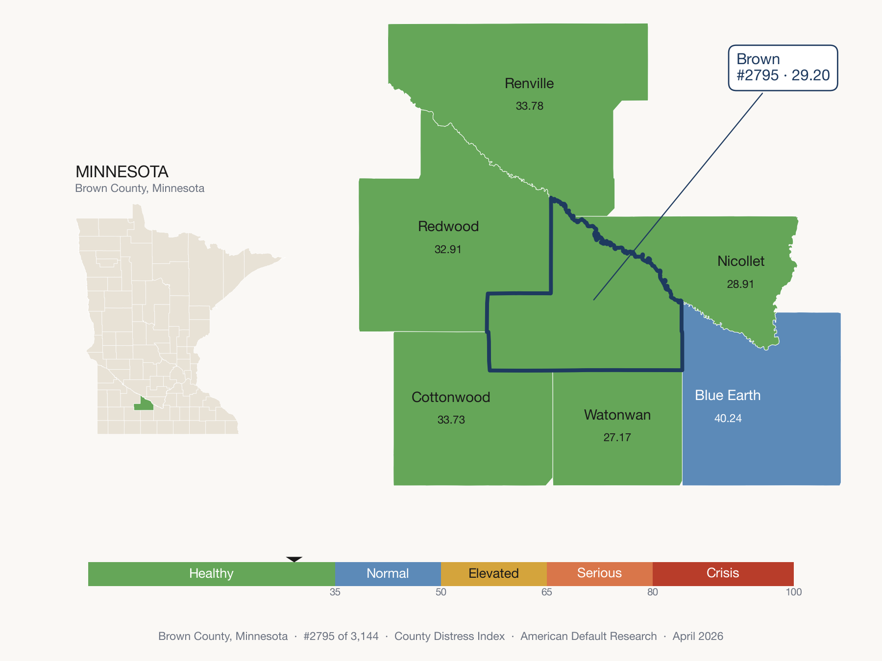 County Distress Index cluster map. Brown County, Minnesota and its neighbors colored by distress fifth.