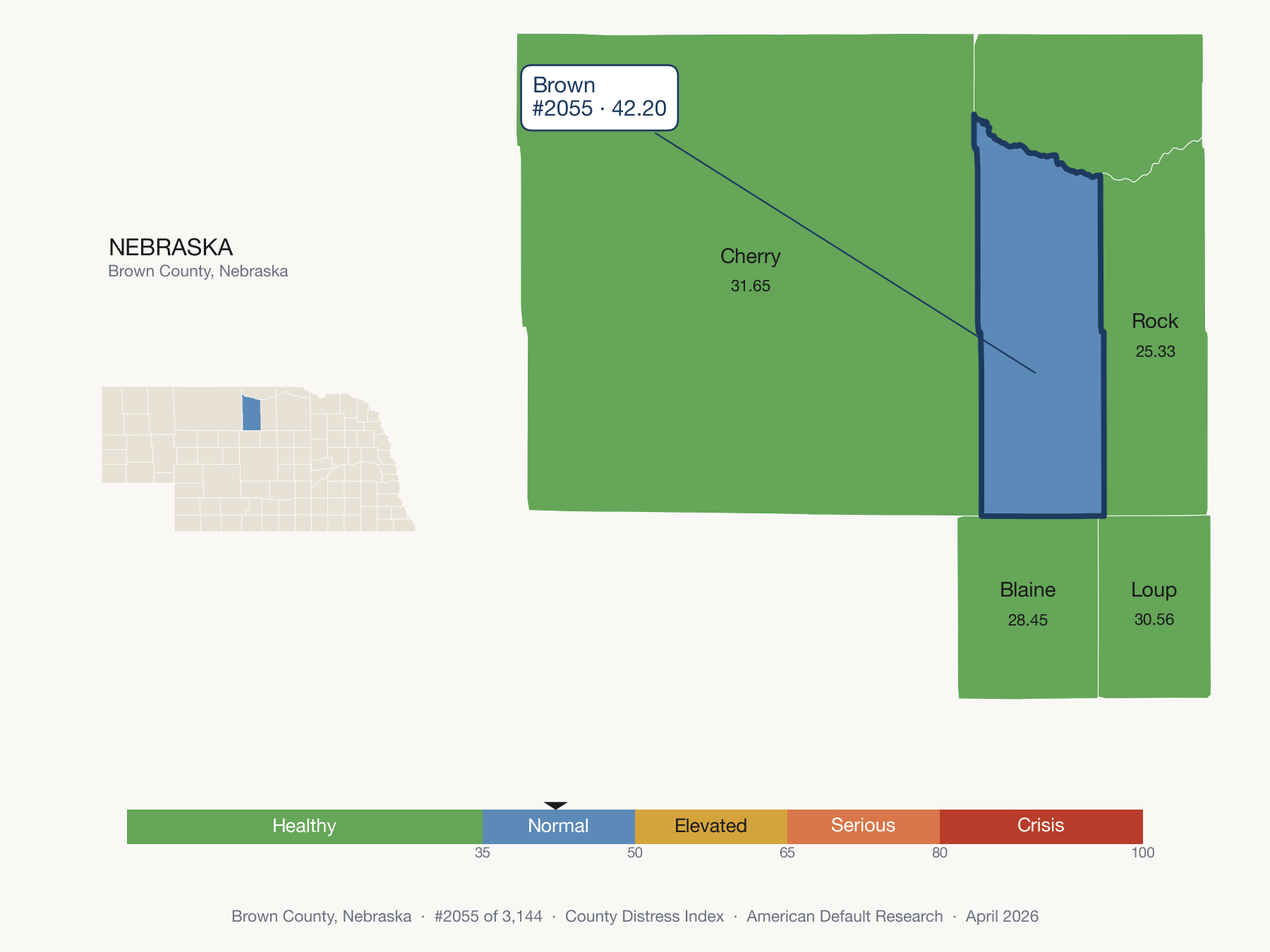 County Distress Index cluster map. Brown County, Nebraska and its neighbors colored by distress fifth.