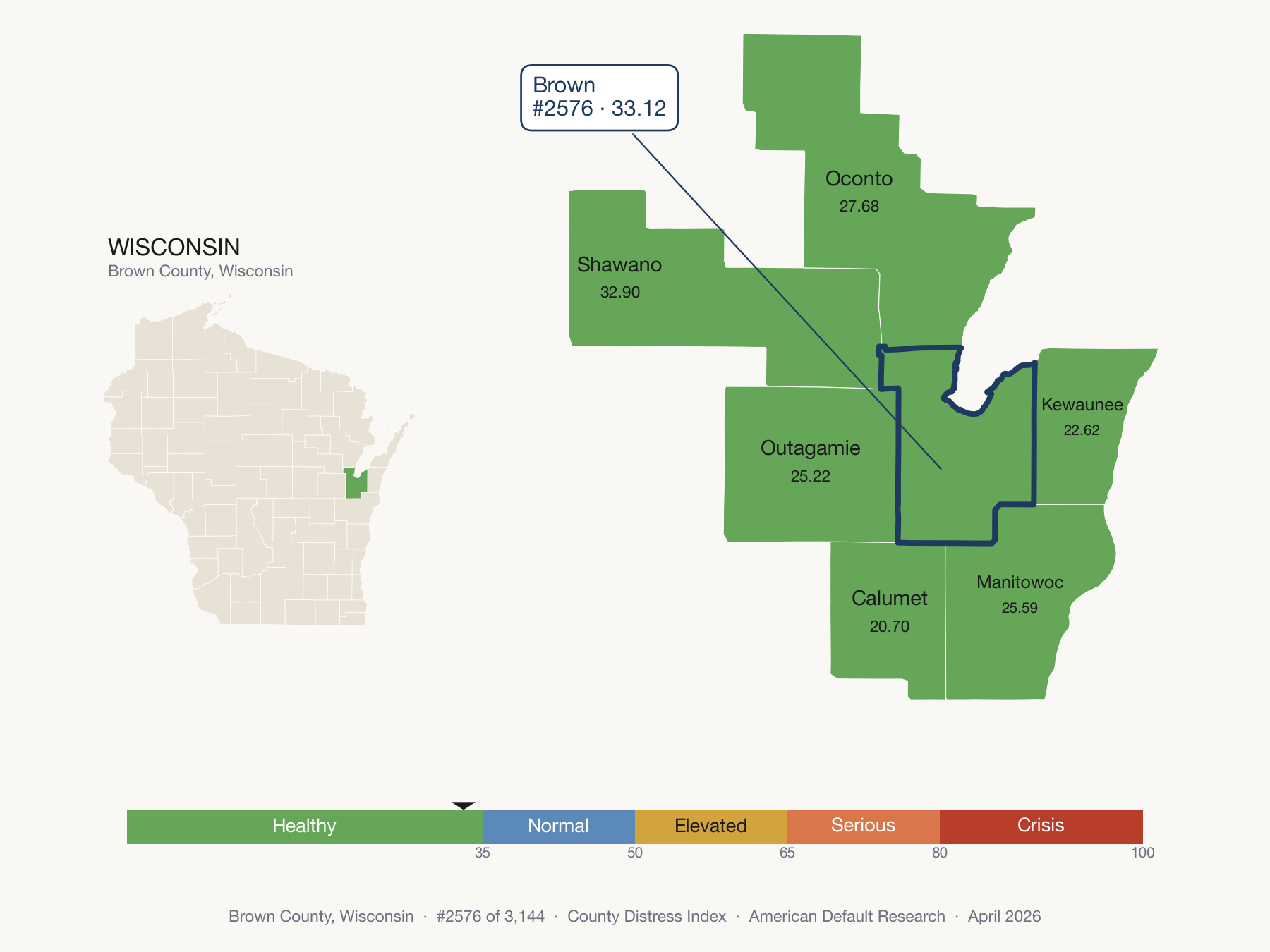 County Distress Index cluster map. Brown County, Wisconsin and its neighbors colored by distress fifth.