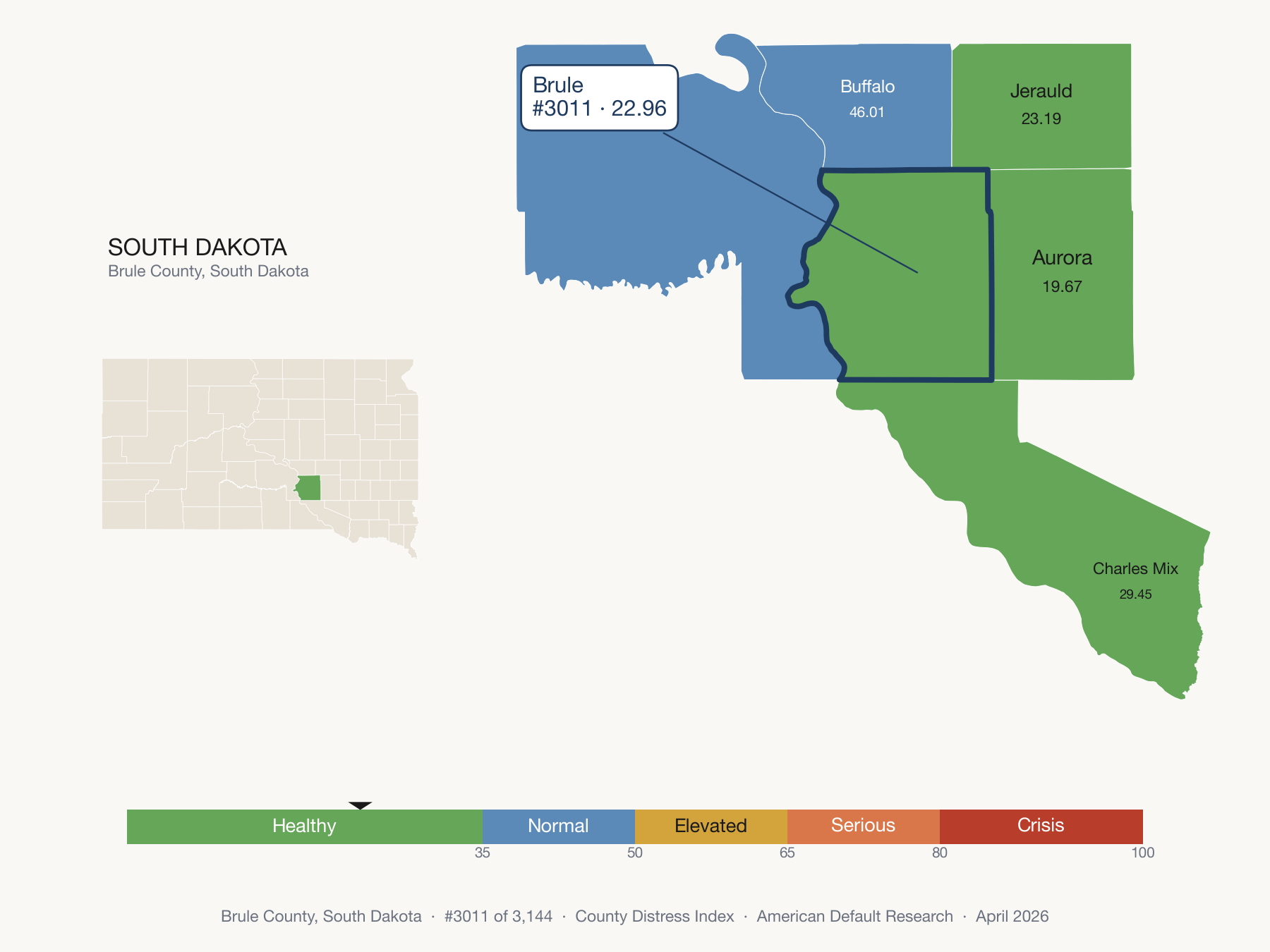 County Distress Index cluster map. Brule County, South Dakota and its neighbors colored by distress fifth.