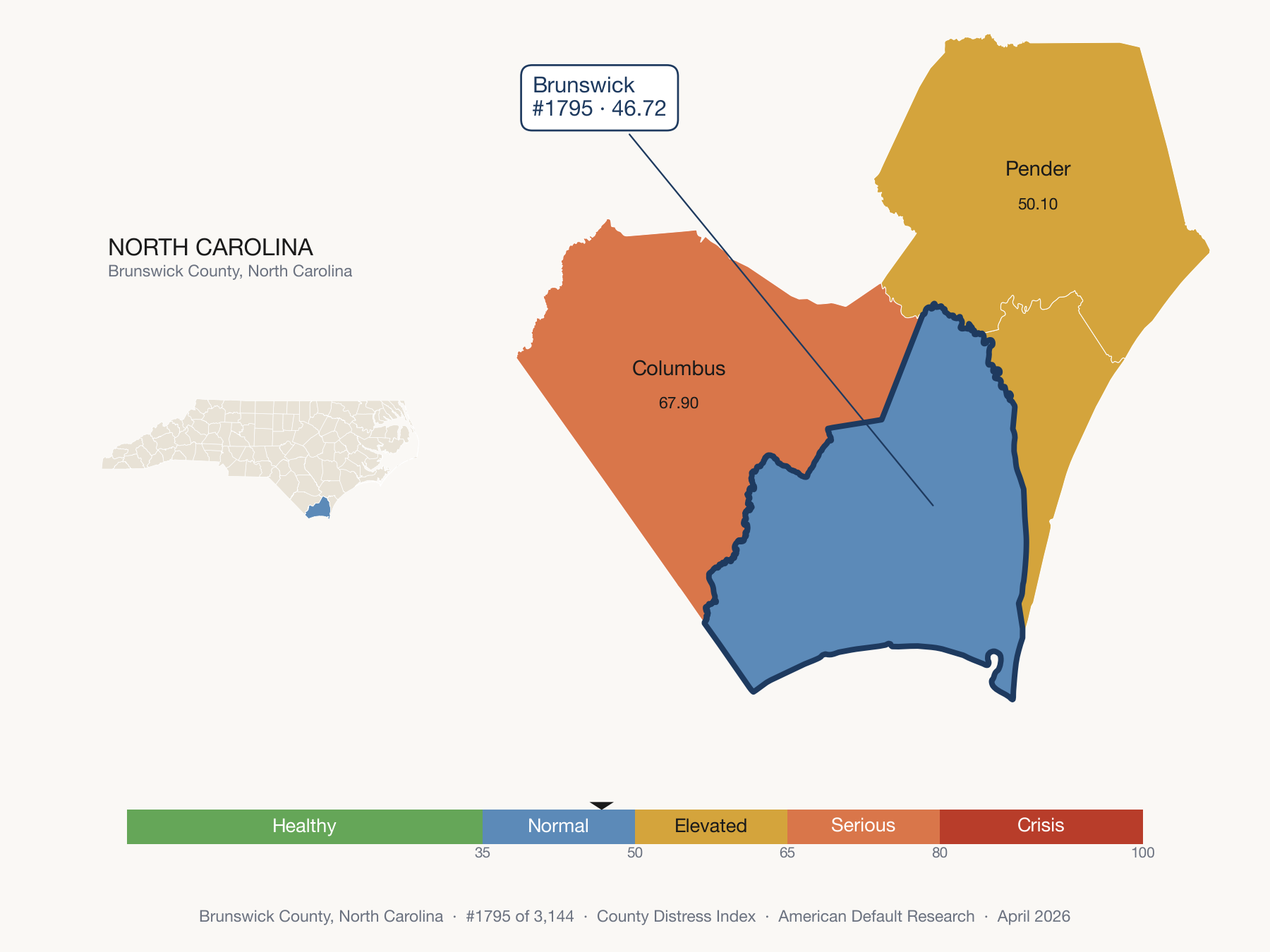 County Distress Index cluster map. Brunswick County, North Carolina and its neighbors colored by distress fifth.