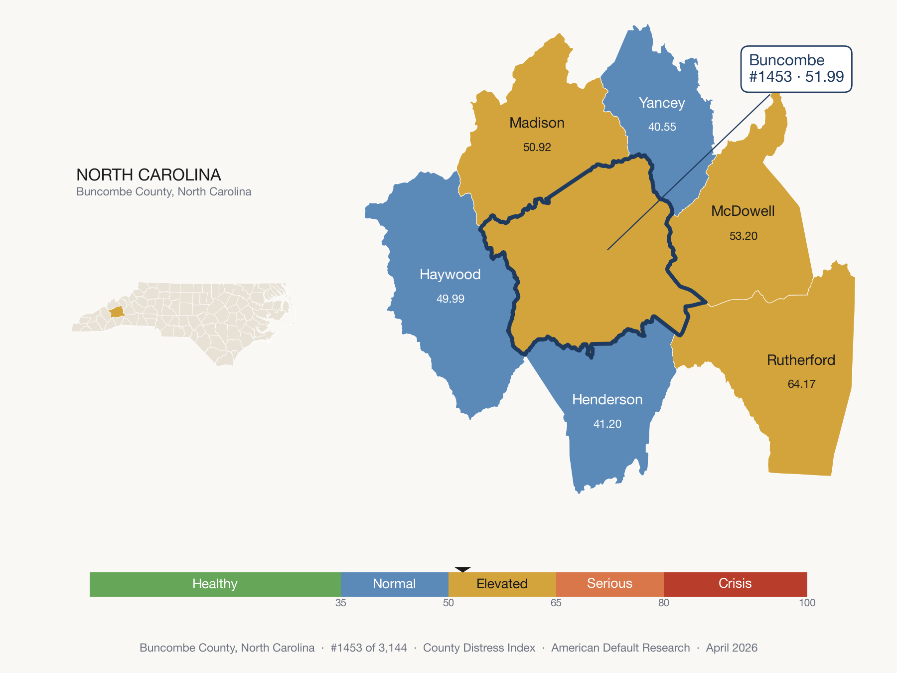 County Distress Index cluster map. Buncombe County, North Carolina and its neighbors colored by distress fifth.